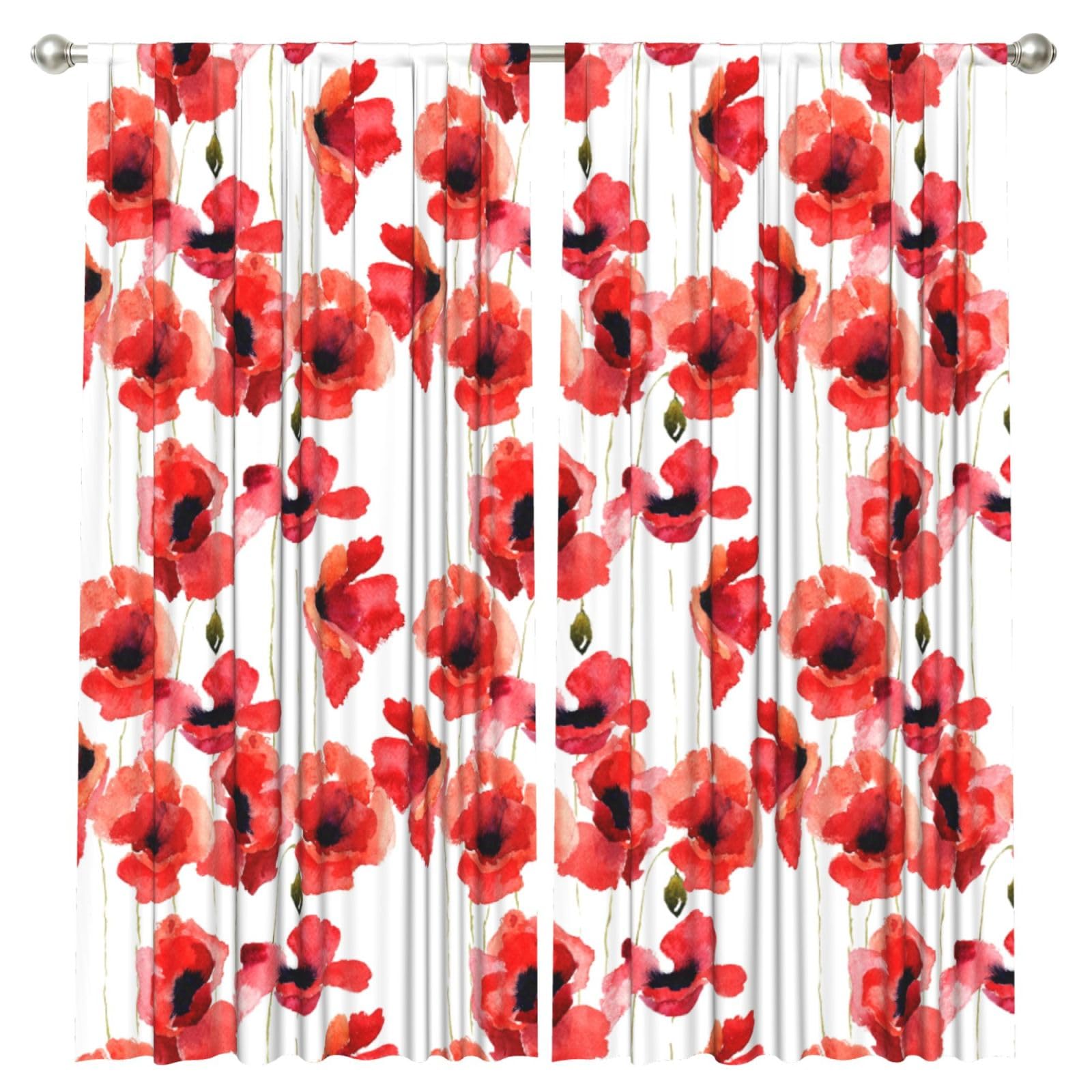 InOmak Watercolor Painting Red Poppy Floral, 2 Panels Window Curtains 52 x 84 Inch Blackout Curtains for Living Room Bedroom