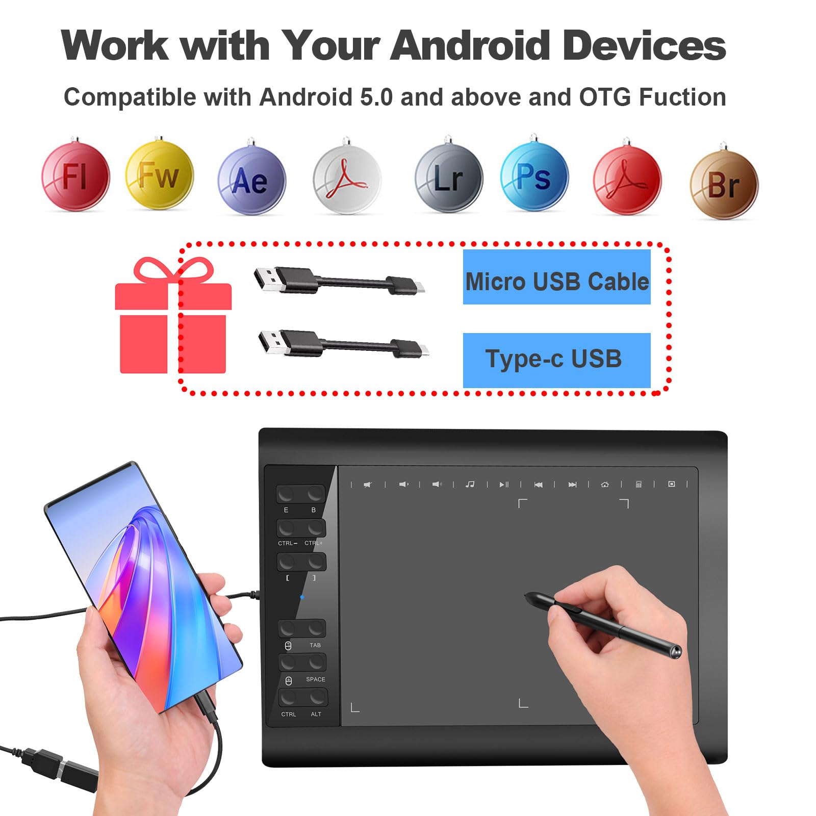 Tavoletta grafica da disegno, 10 x 6 pollici, con borsa portatile e 8192 livelli senza batteria per PC/Mac/Android 5.0 e superiori, con funzione OTG per disegno e insegnamento online