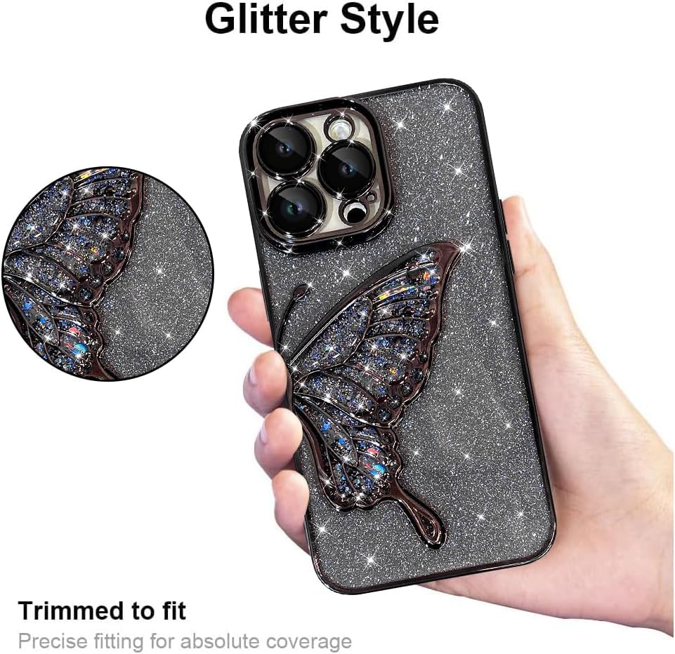 Image of SHINESTAR 3D Butterfly Case for iPhone 15 Pro Max Cover, Cute Girly Glitter Bling Luxury Back Cover for Women Girls Protective Shockproof Slim Camera Protection for iPhone 15 Pro Max - Black
