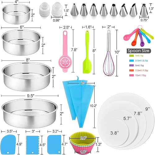 Miniatura 2 de P&P CHEF - Juego de 153 moldes para hornear pasteles, kit de suministros de decoración de acero inoxidable de 4/6/8/9.5 pulgadas con herramientas de