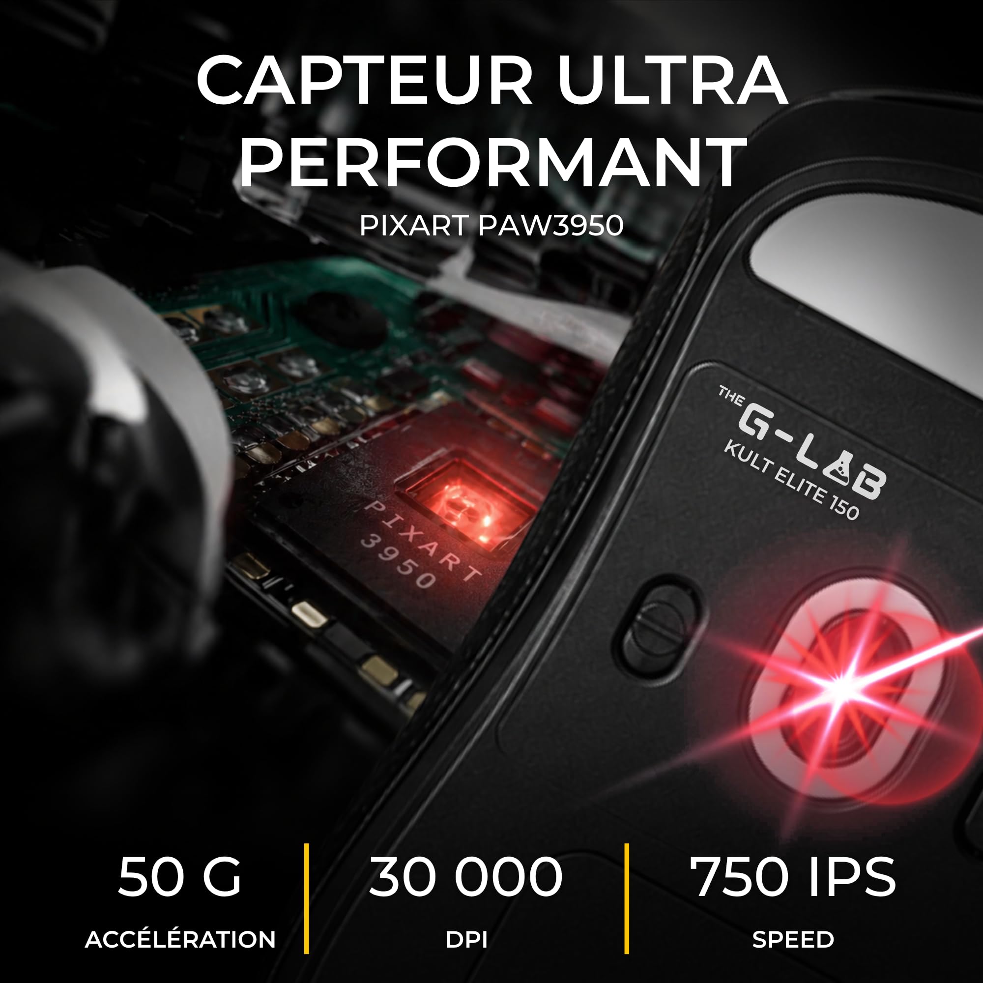 The G-Lab Kult Elite M150 - Souris Gamer sans Fil 30 000 DPI 8K Hz | Connexion Sans Fil Tri Mode 2.4GHz/Bluetooth/Filaire, Capteur PixArt 3950,30 000 DPI, 8000 Hz Polling Rate, 200H Autonomie
