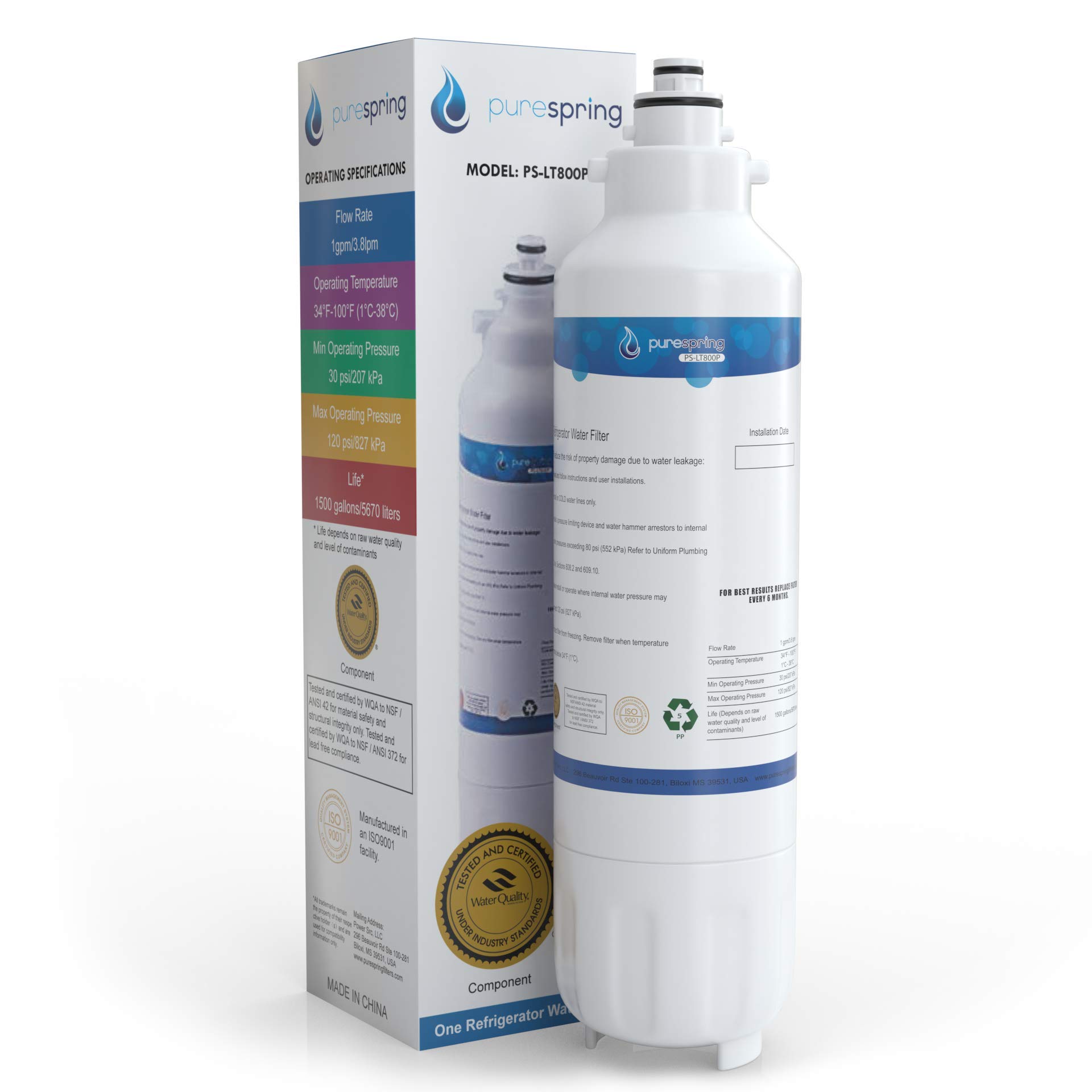 PureSpring NSF 42 Certified Refrigerator Water Filter, Compatible with LG LT800P, LT800PC, ADQ73613401, ADQ73613402, ADQ73613403, Kenmore 9490, 46-9490, 469490 (1 Pack)