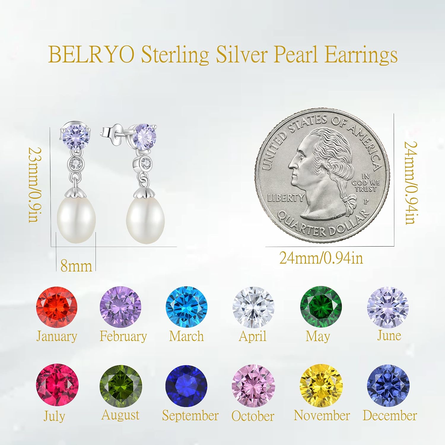 Pearl Earrings 925 Sterling Silver Cubic Zirconia Pearl Dangle Earrings with 8 * 10mm Freshwater Cultured Pearl Earrings for Bride Mother Birthday Gift