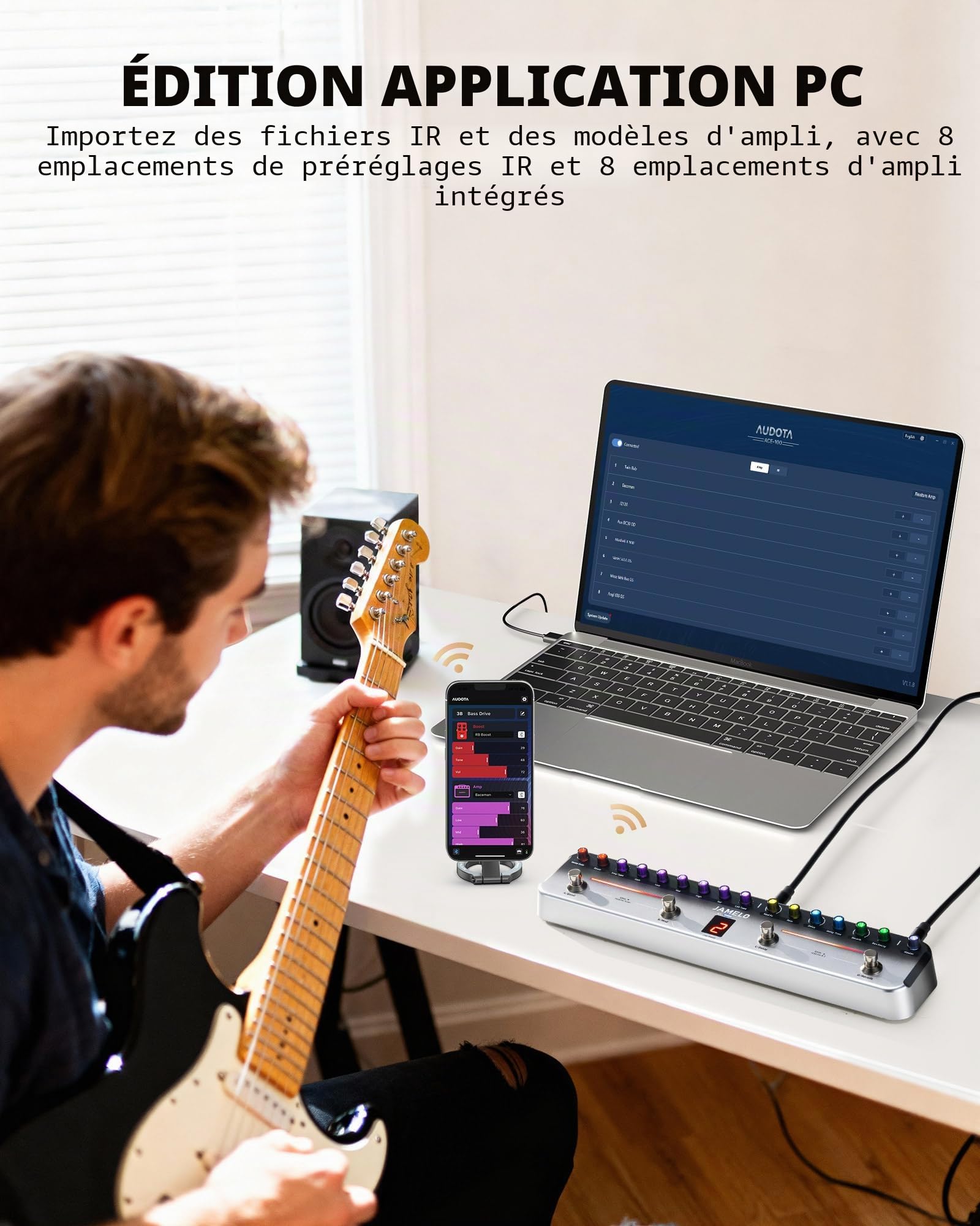 Jamelo - Pédale de guitare électrique multi-effets, avec 40 préréglages modifiables, 7 modules d'effets populaires, chœur, retard, réverbération, mod, batterie rechargeable