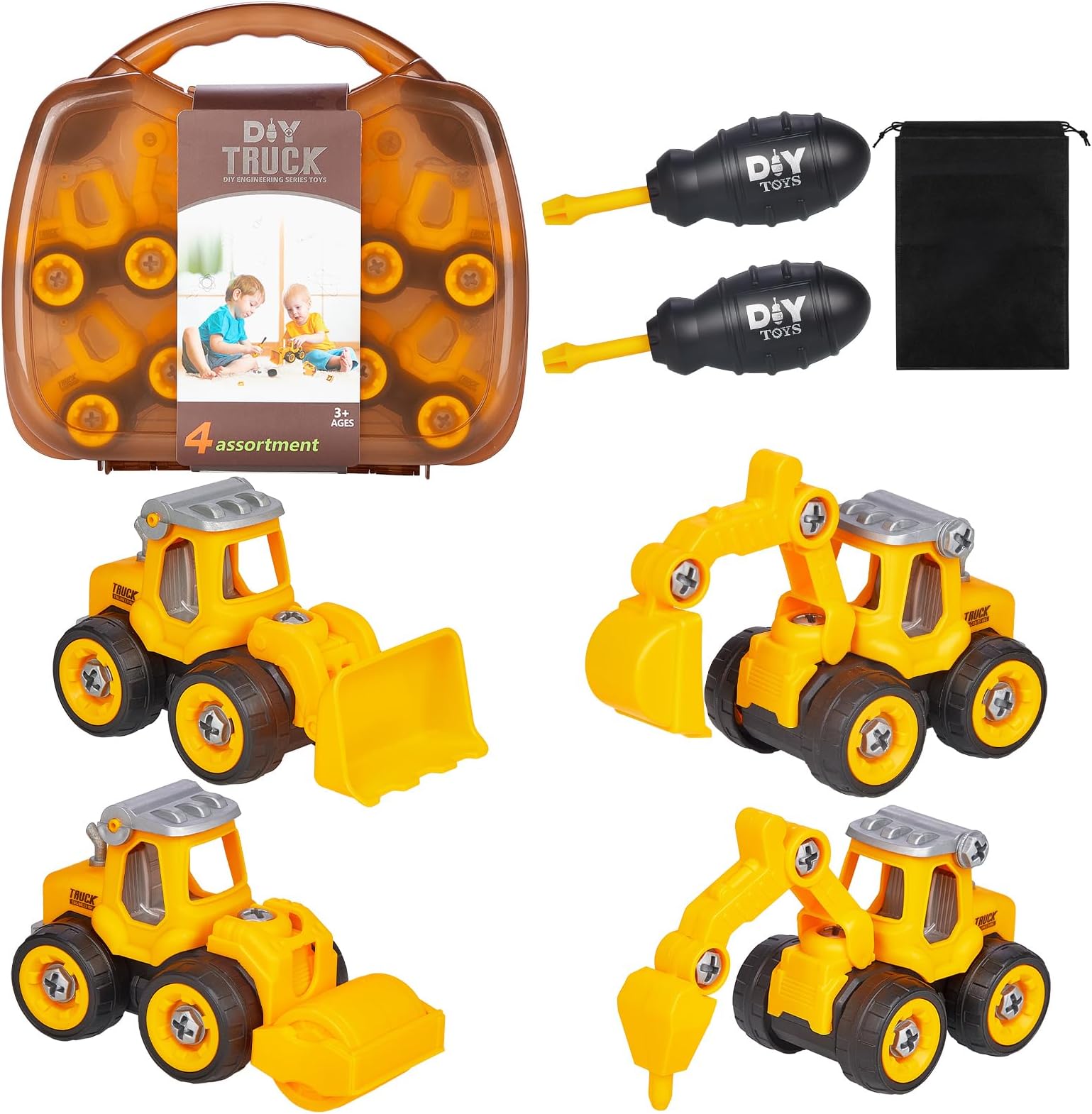Januts Take-Apart Construction Vehicles Mini Engineering Toy Play Set 4 Pack, Excavator, Road Roller, Bulldozer, Ground Drilling Rig, DIY Building Educational Toys for Boys Girls Kids Age 3+ Yellow