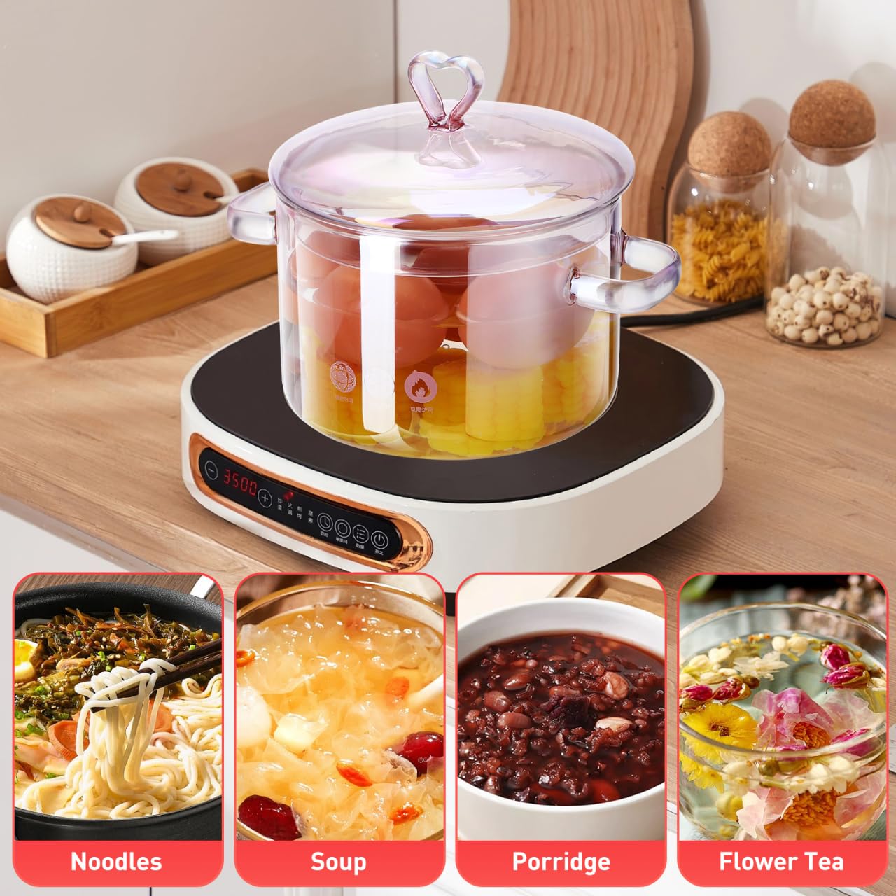 Happyyami Cacerola de Cristal Con Tapa - Olla Multifuncional para Sopa, Pasta, Fideos, Verduras, Carne - Compatible Con Inducción