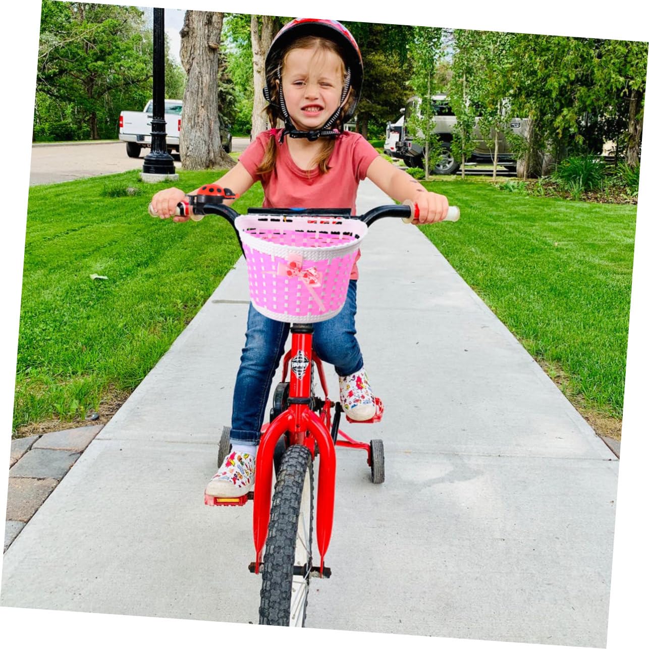 VANZACK Cesta De Bicicleta Cesta Delantera De Bicicleta Cesta con Lazo Delante Timbre De Ciclismo Cesta De Mimbre para Bicicleta Decoraciones para Niños Cestas Tejidas Rosa