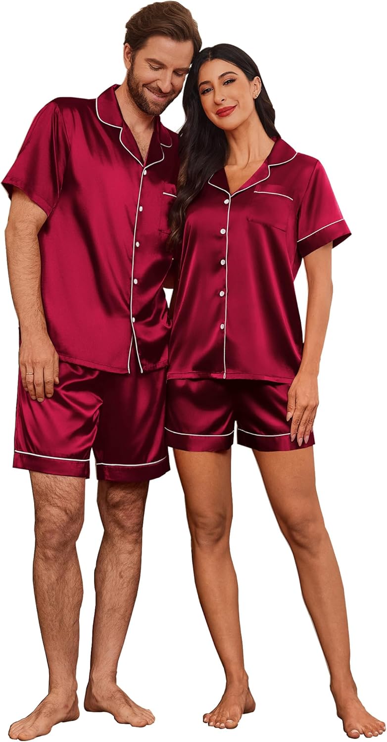 Ekouaer Couple Matching Pajamas Sets Silk Short Sleeve Button Down Sleepwear Satin Pjs Shorts Set Soft Lounge Set S-XXL - Image 2