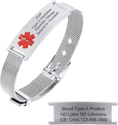 Miniatura 10 de Pulseras personalizadas de alerta médica para hombres, mujeres y niños, grabado gratuito, malla de acero inoxidable ajustable, pulsera de