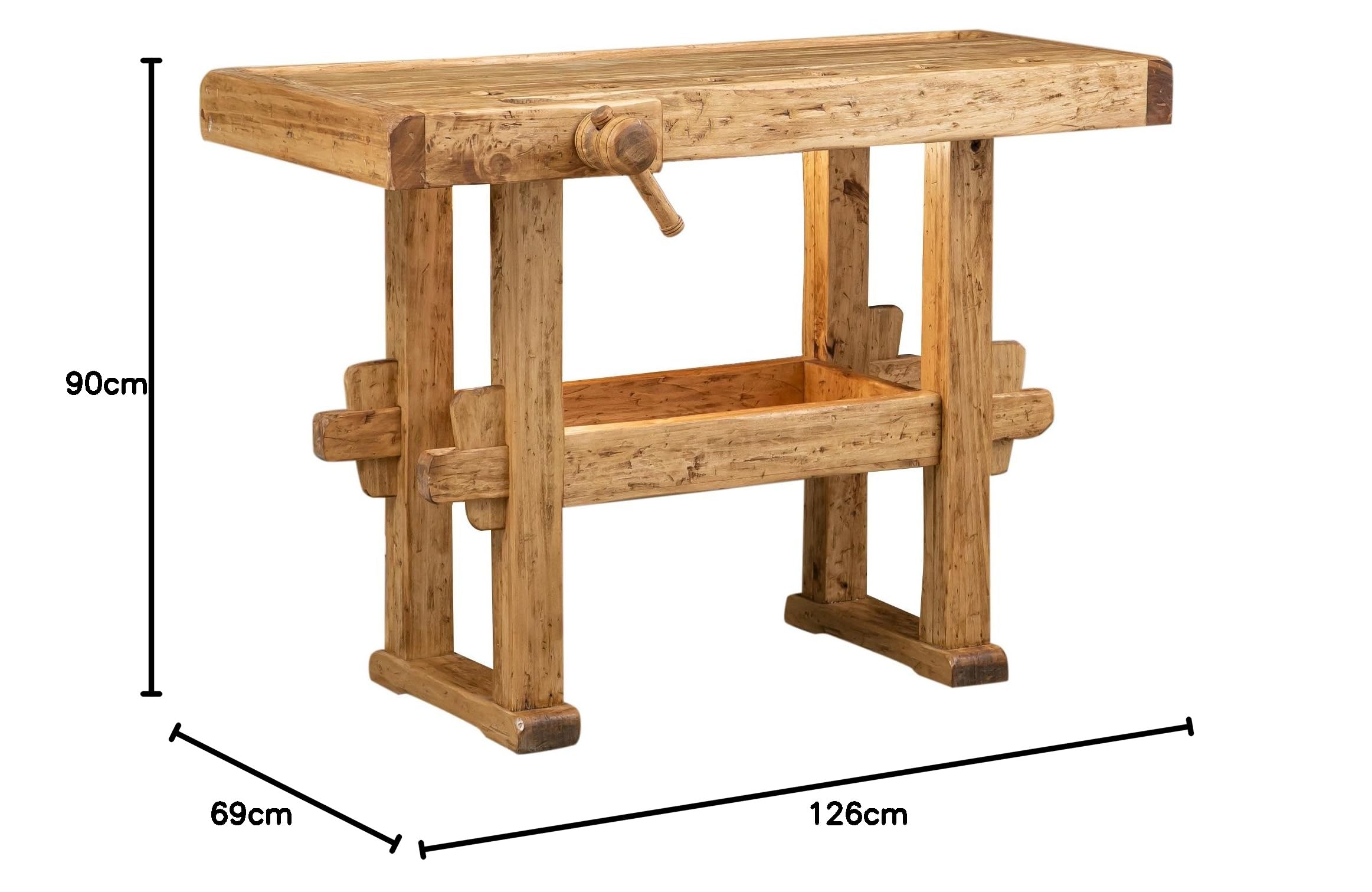 Biscottini - Mesa de trabajo Country de madera maciza de tilo, acabado natural envejecido, 126 x 69 x 90 cm, fabricada en Italia, fiel reproducción de un antiguo y original banco de Falegname