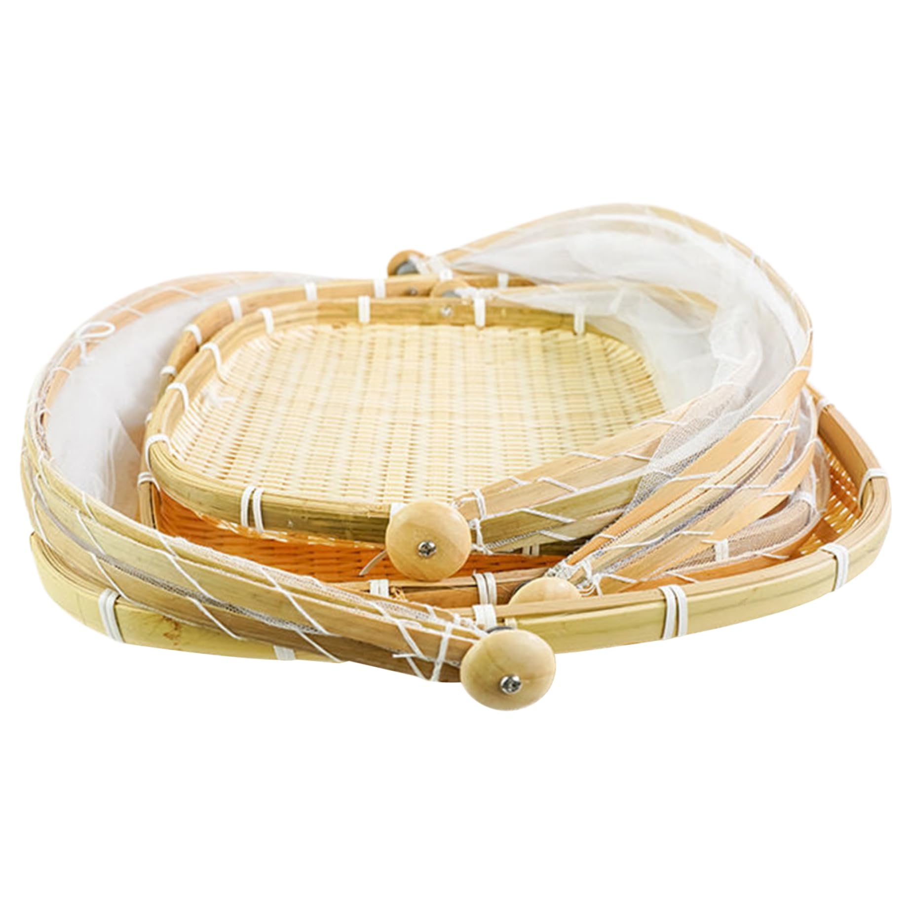 Ameble 3PCS Bamboo Food Tent, 11/14/16 Inch Square Fruit Basket with Lid, Dustproof Mesh Food Covers for Vegetable Fruits Meals