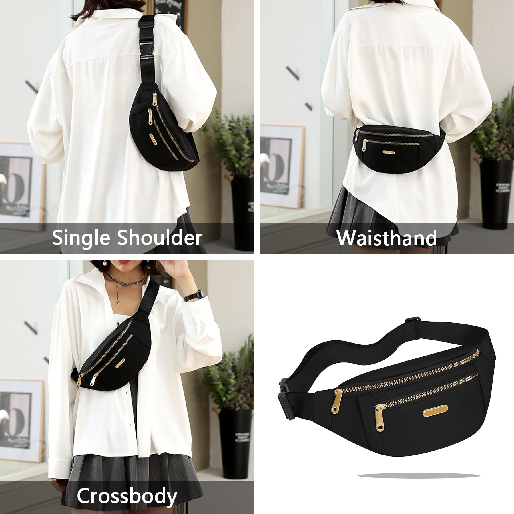 BAIYSFFG Fanny Pack Fashionable Waist Bag Unisex Fashion Waist Bag Casual Travel Bum Bag with 3 Zipper Pockets for Women Men Sports Running Hiking Jogging (Black)