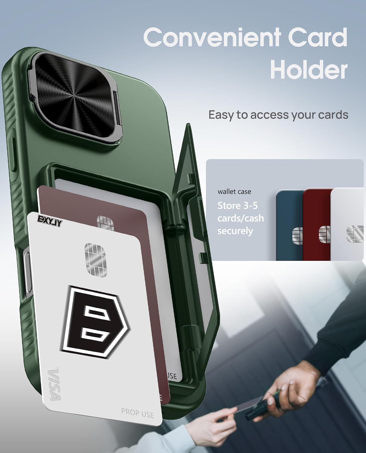 BXYJY for iPhone 16 Pro Max Wallet Case, Built-in Credit Card Holder (4-5 Cards), Military Grade Protection, Camera Cover Stand, Rugged Heavy Duty Men Protective Phone Case for iPhone 16Pro Max, Green