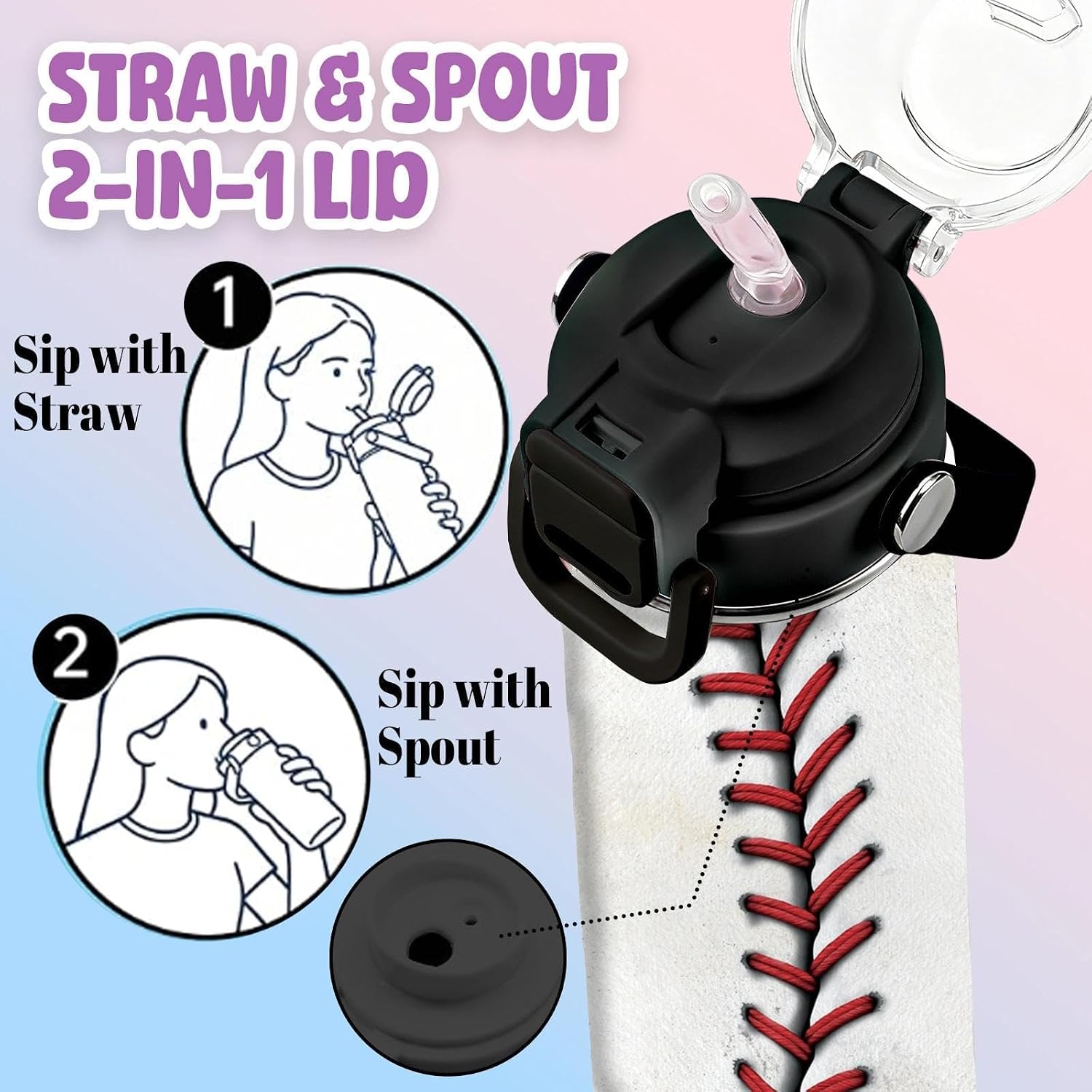 Baseball Water Bottle for Boys Girls, 18 oz Sports Leak Proof 18/8 Stainless Steel Vacuum Insulated Tumbler with Straw & Spout 2-in-1 Lid, BPA-Free Kids Water Bottles for School Sport Travel image 5