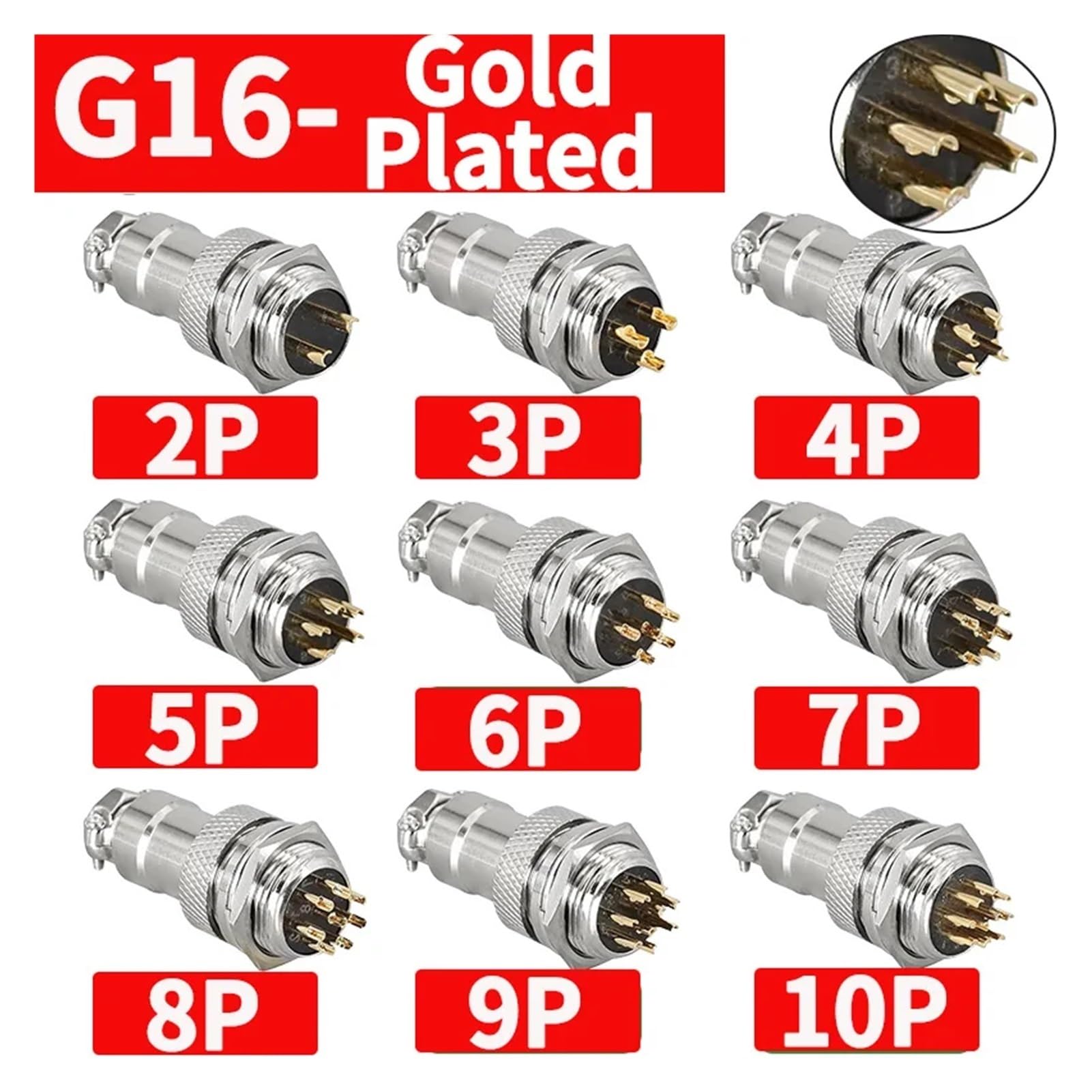Connettore circolare per presa aviazione GX16 placcato oro - 5/20/100 set, maschio e femmina, connettori per cavo elettrico a 2-10 pin (GX16 Nut Gold Plated,20 Sets_8P)