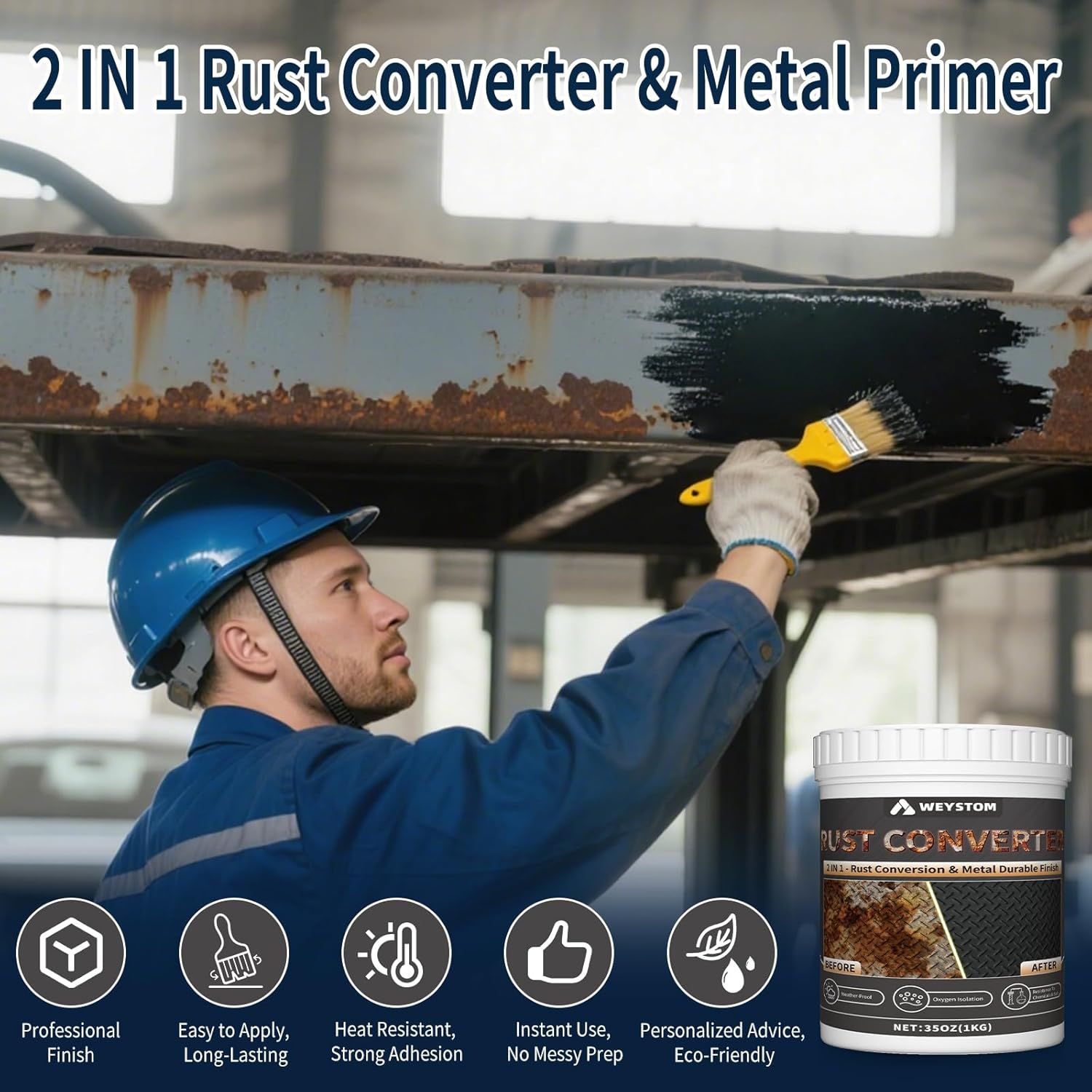 2-in-1 Rust Converter & Metal Primer - Stops Rust, Rust Inhibitor Paint for Metal, Long-Lasting Automotive Rust Reformer & Seal, Heat Resistance Protector for Trailer & More(35 OZ)