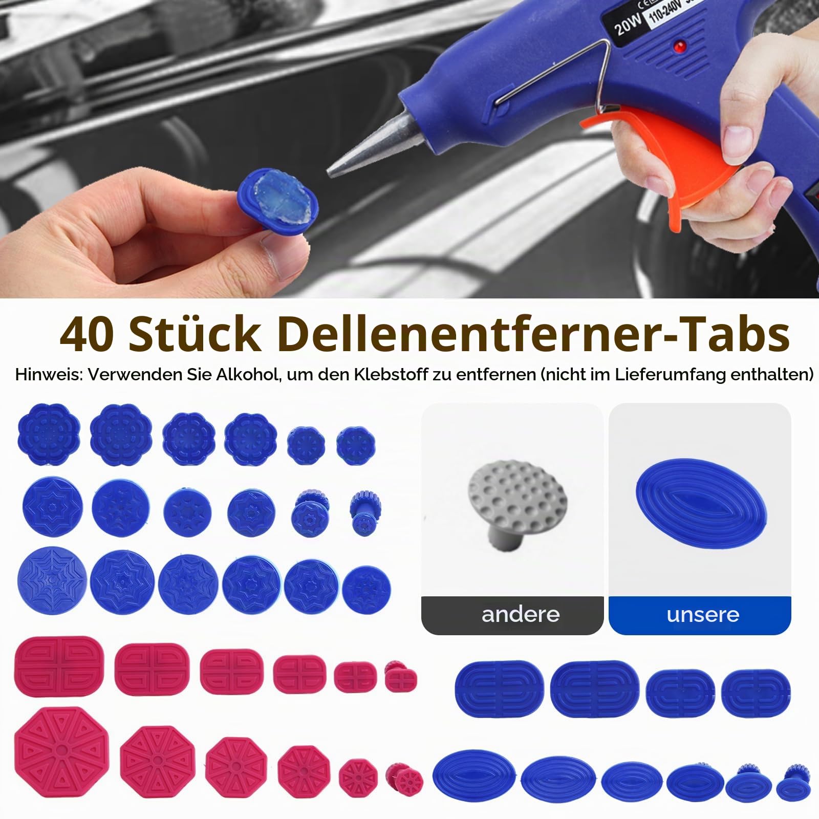 Dellen Reparaturset Auto, 78PCS Ausbeulwerkzeug, Beulenzieher Auto, Ausbeulwerkzeug Karosserie, PDR Werkzeugset mit Ausbeul-Gleithammer, Dellenlifter, Brückenabzieher, Heißklebepistole & Klebepads