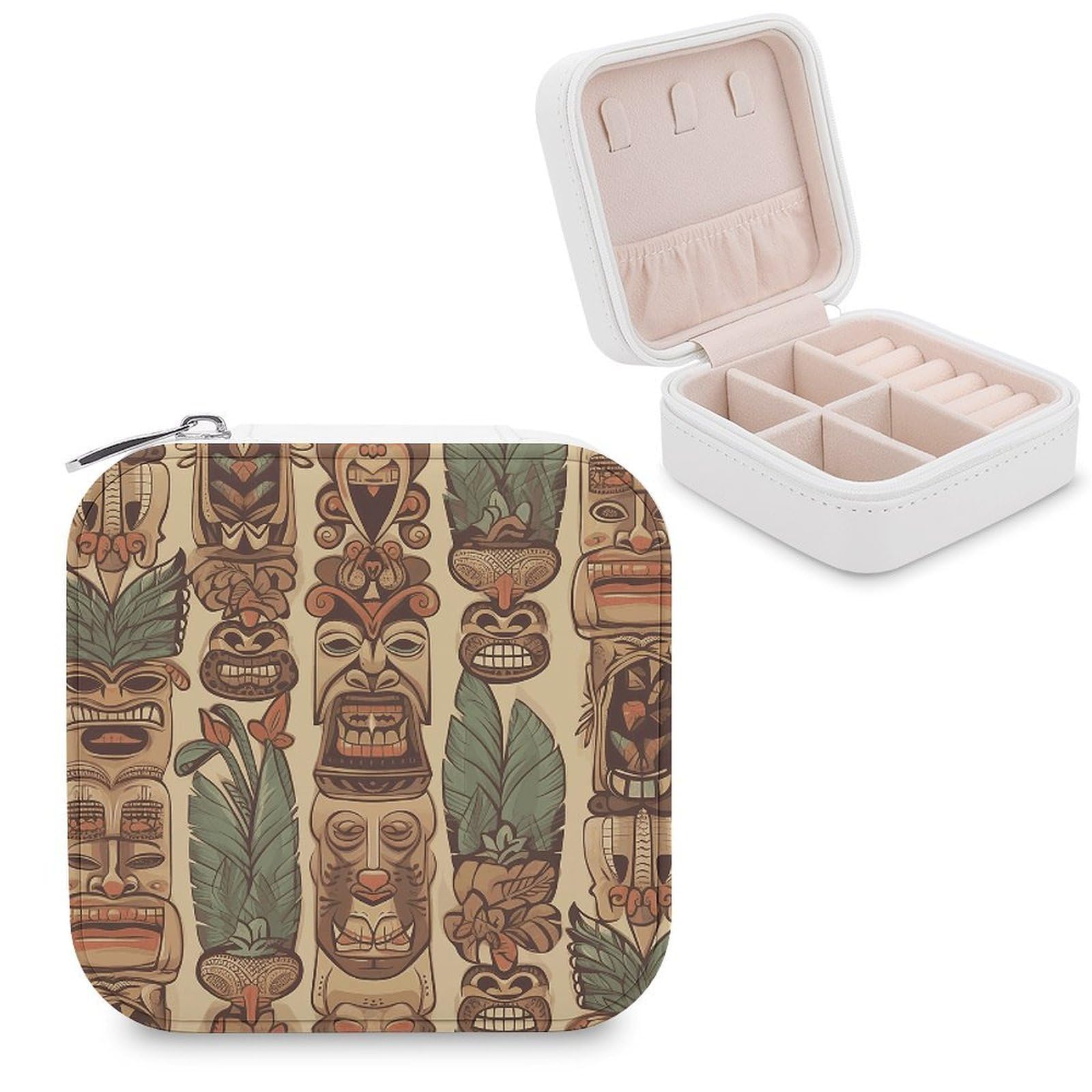 MUSM Vintage Aloha Tiki Travel Jewelry Case Personalized PU Leather Jewelry Boxes for Women Small Portable Jewelry Organizer Box Cute Trinket Box for Necklaces Rings Earrings & Gifts