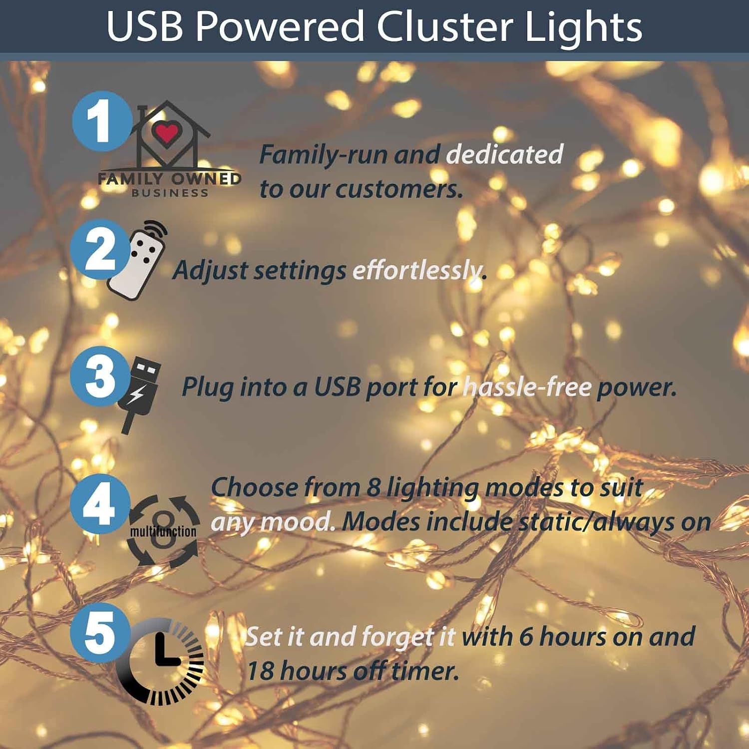 Warm White Cluster Lights on Thin Copper Wire, 200 Micro LED USB Plug in Christmas Fairy Lights, Timer, Multi Function, Memory, Brightness, Firecracker Light, Awesome bedroom or dorm lighting