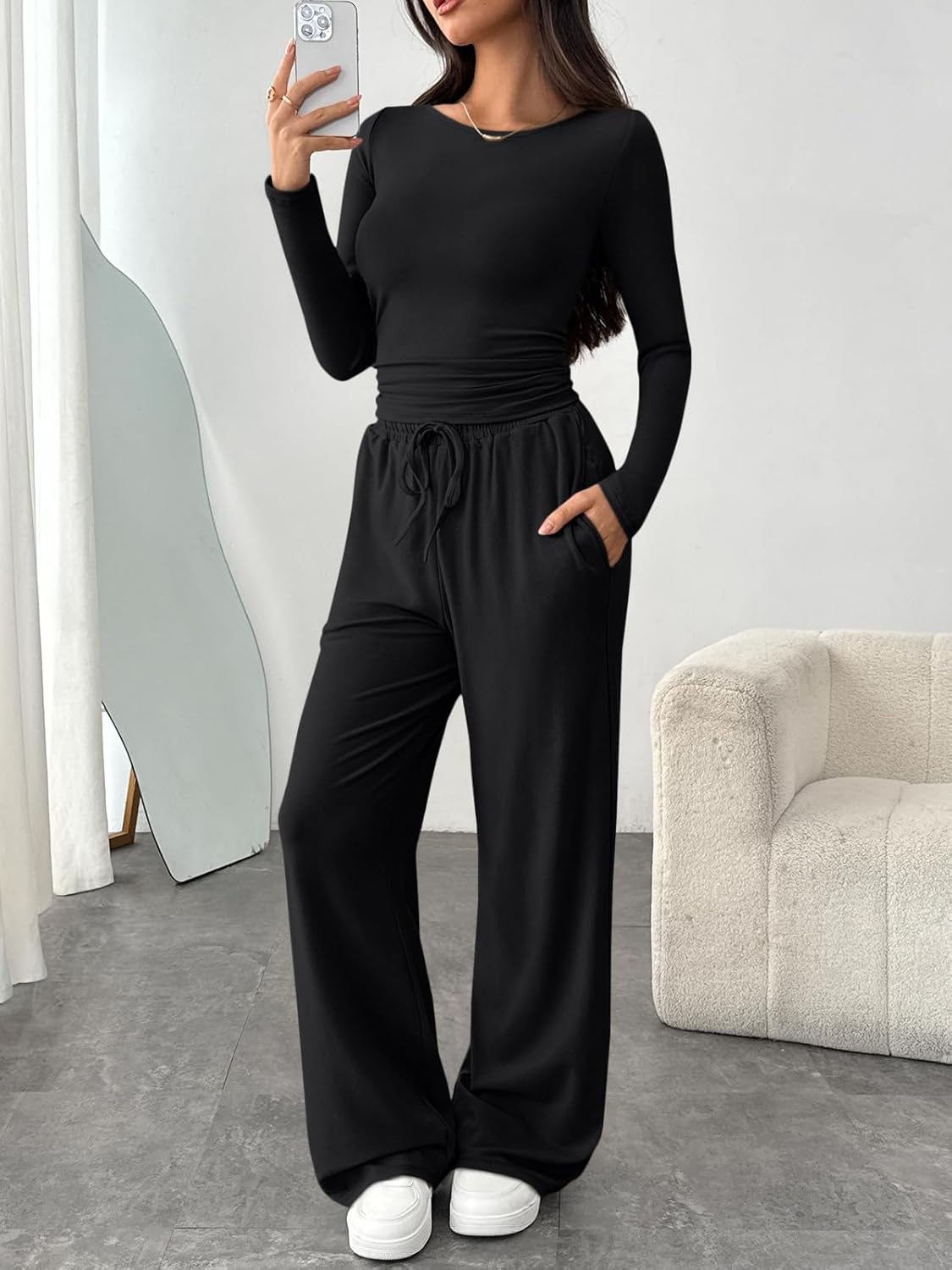 Trendy Queen Women's 2 Piece Matching Lounge Set Boat Neck Slim Fitted Top Wide Leg Pants Casual Tracksuits - Image 6