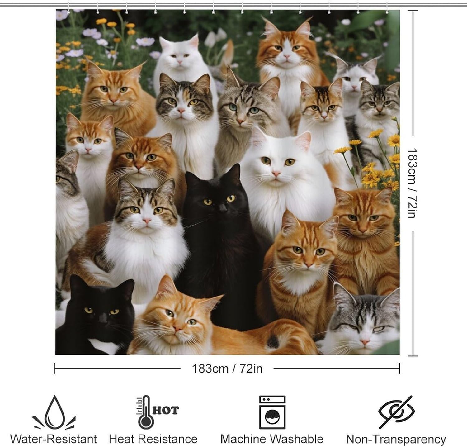 Cats Garden Floral 4 PCS Bathroom Set with Shower Curtain Rugs, Ultra Soft Coral Fleece Bath Mat, U-Shaped Rug, Toilet Lid Cover, 72" X 72"