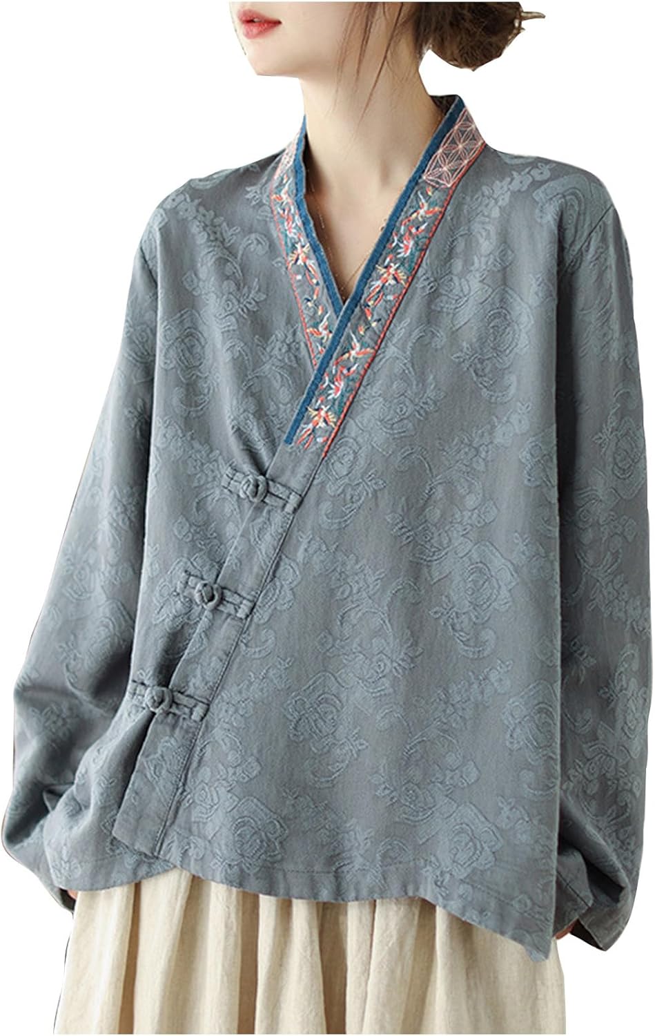 Women's Cotton Linen Shirt Long Sleeve Chinese Frog Button Embroidery Qipao Blouse Retro Traditional Cheongsam Shirt