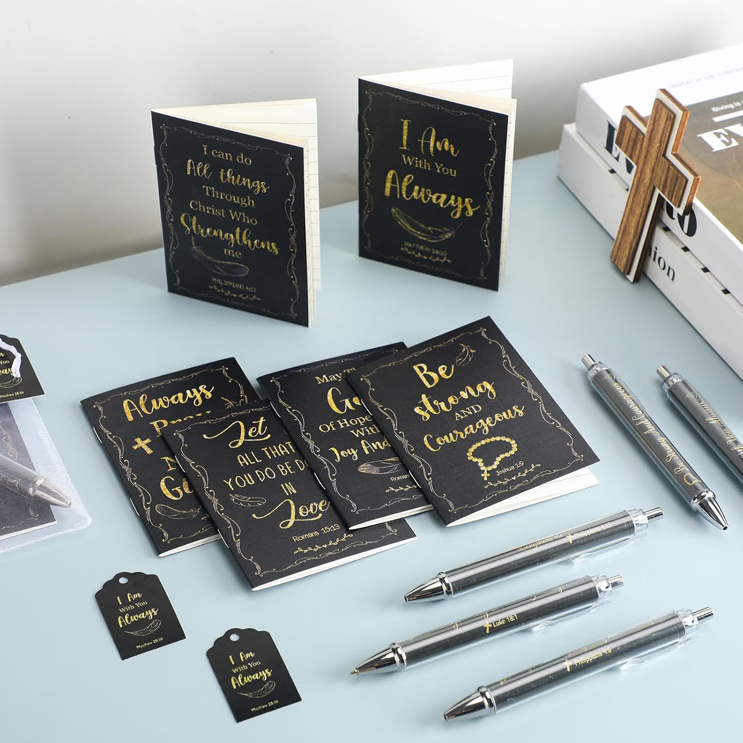 200 Pcs Christian Gifts Bulk Sets Bible Verse Religious Ballpoint Pen and Notebook Gift Set with Thanks Tags Organza Bag Gift Bulk for Women Church Christian Party Favors(Black,Fresh) - Image 7
