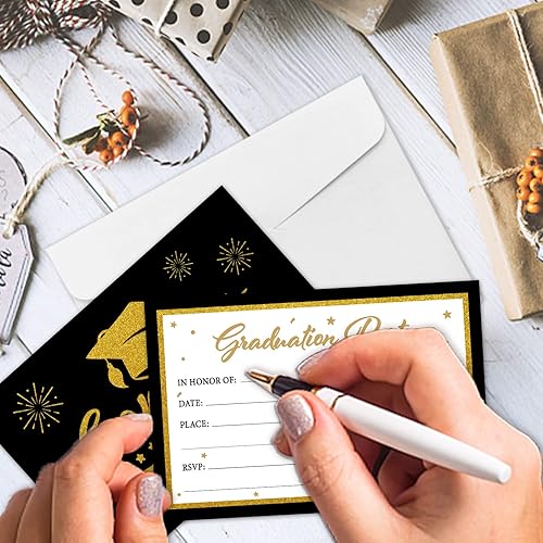Miniatura 5 de REWIDPARTY Invitaciones de fiesta de graduación con sobres y calcomanías (juego de 15) tarjetas de felicitación de graduación negras y doradas,
