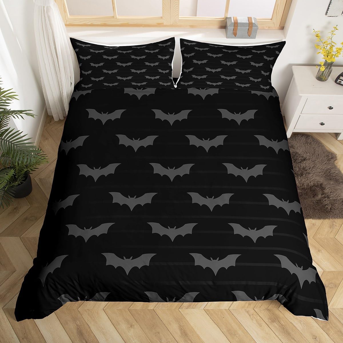 jejeloiu Halloween Theme Comforter Cover Toddler Kids Cute Bat Animal Bedding Set for Boys Girls Geometric Stripes Black Gray Duvet Cover Room Decor（No Comforter