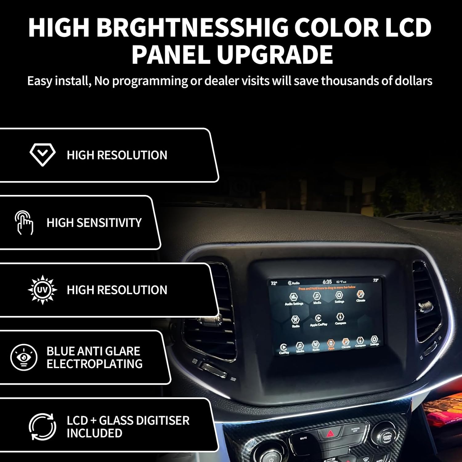 Uconnect LCD Screen and Digitizer Replacement for 2020-2017 Jeep Compass Radio Touch Screen OEM Navigation System, Touchscreen Display for 2018-2021Jeep Renegade TDO-WXGA0700K00033-V2-V1