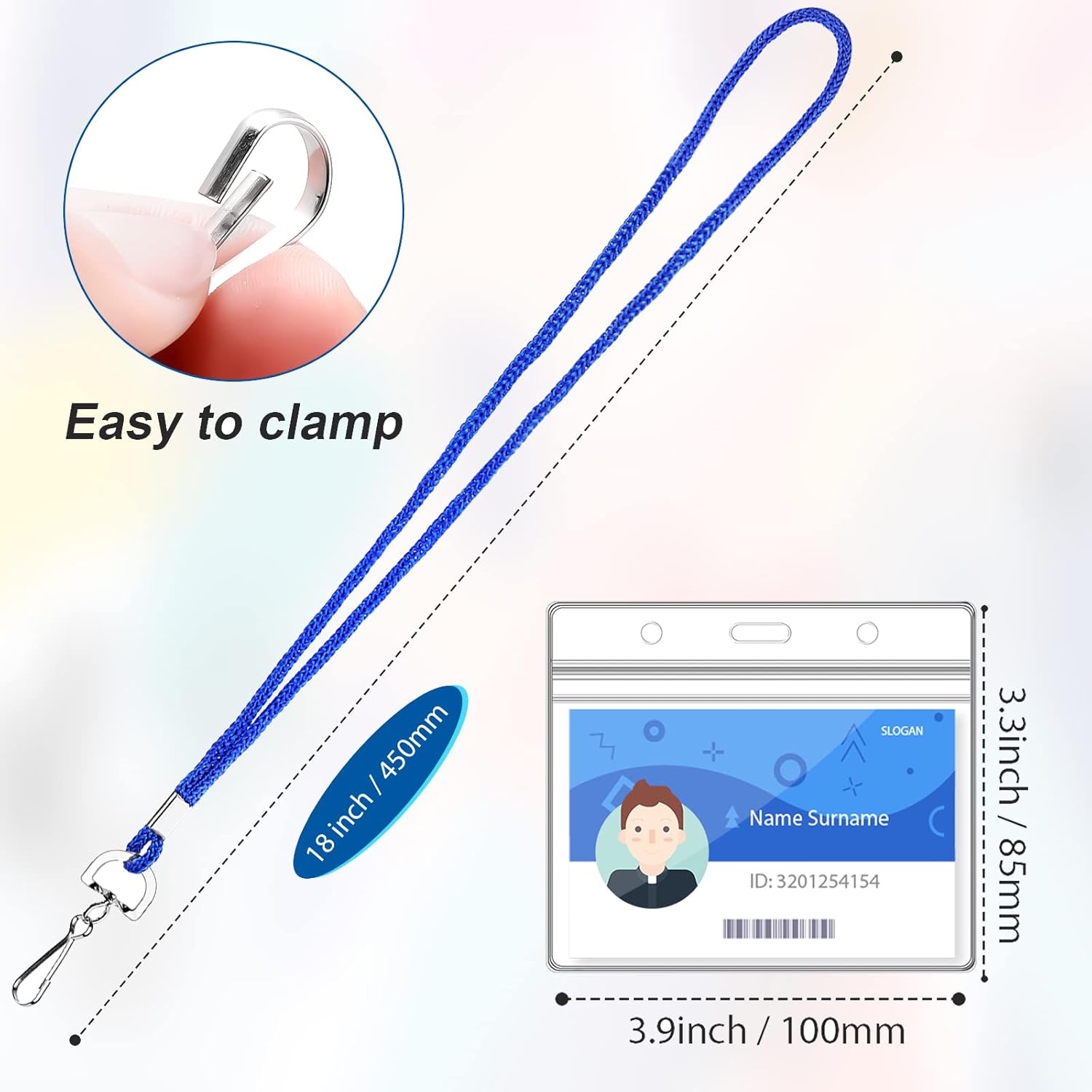 100Pcs Clear Plastic Horizontal Name Tag Badge ID Card Holders and 100Pcs Blue Neck Lanyards with Swivel Hook for School, Office, Business - Image 3