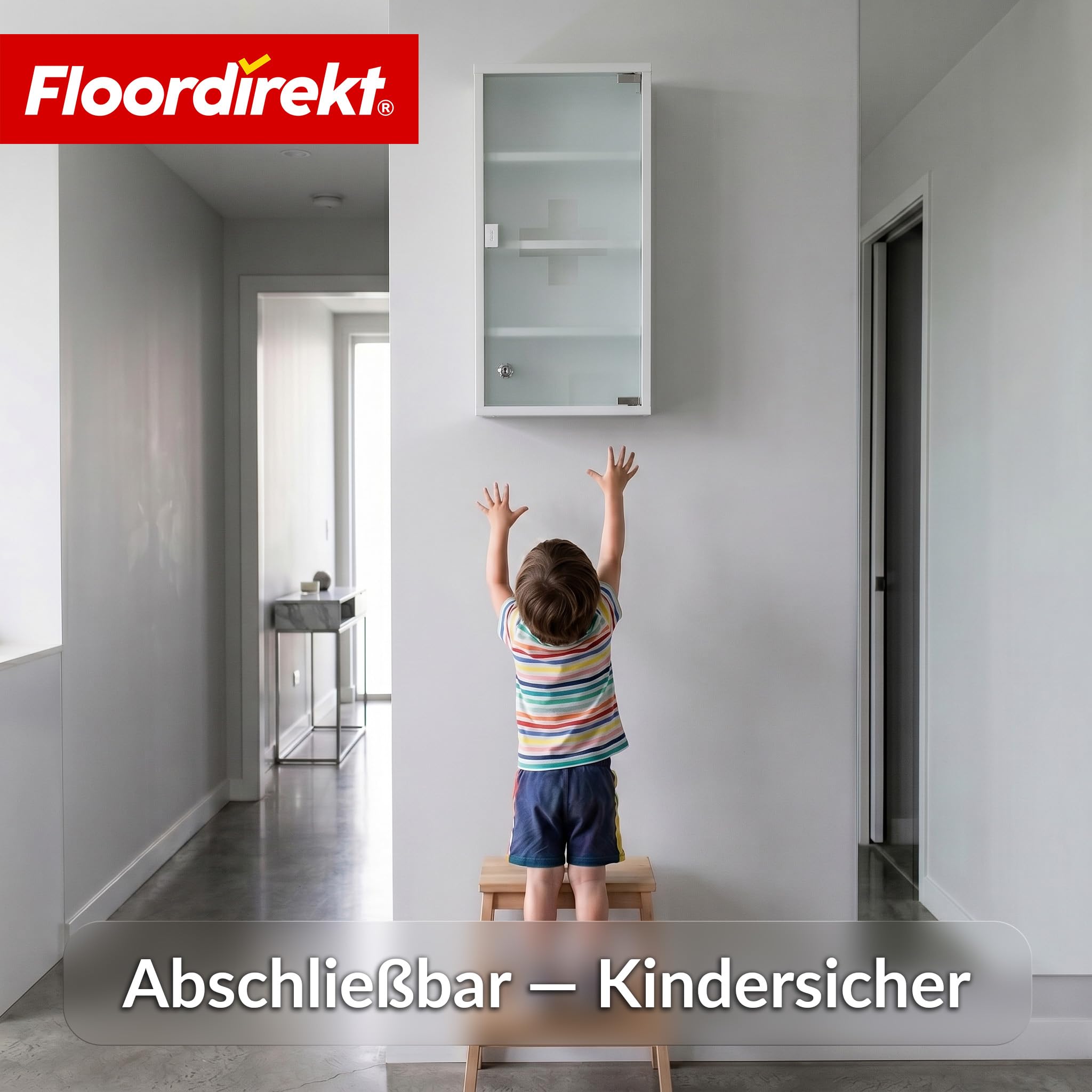 Floordirekt Medizinschrank Weiß 60x30cm - 4 Fächer – Abschließbarer Arzneischrank mit Milchglastür, Edelstahl oder Metall weiß, Medikamentenschrank für Bad, Küche & Praxis, Allen