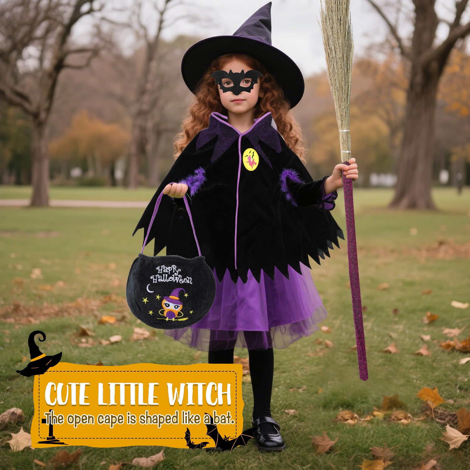 YEXEXINM Halloween Costume for Girls Wizard Cape Witch Cloak with Hat Broom Owl Bag Bat Mask Kids Wizard Witch Cloak Costumes Cosplay for Halloween Carnival Themed Parties - Image 4