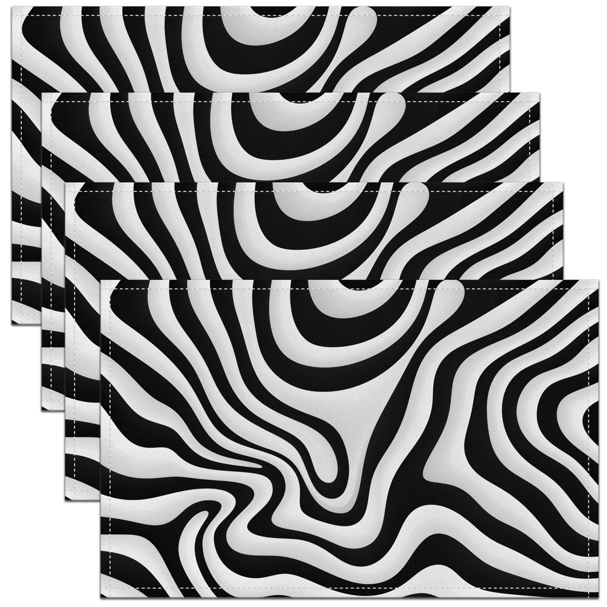Satz Von 4-Weißen Schwarzen Zebra-Druck-Tischsets Marmor-Textur-Tischmatten Flüssige Geometrie-Platzmatten Ästhetik Abstrakte Kunst wasserdichte Tischsets Für Esstisch,45Bx30L