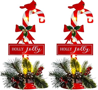 Christmas Decorations Indoor Christmas Metal Tabletop Sign Candy Cane with Holly Jolly Sign Cardinal Pinecone Berries Decorative Plaques for Home Office Table Shelf Xmas Indoor Outdoor 2 Pack