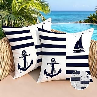 2er Set Kissenbezug Outdoor Wasserdicht Sofakissen 45x45 cm Wasserfest Dekokissen Kissenbezüge Dekorativ Kissen Meer Blau Streifen Kissenhüllen Polyster für Garten Sofa Wohnzimmer Bett