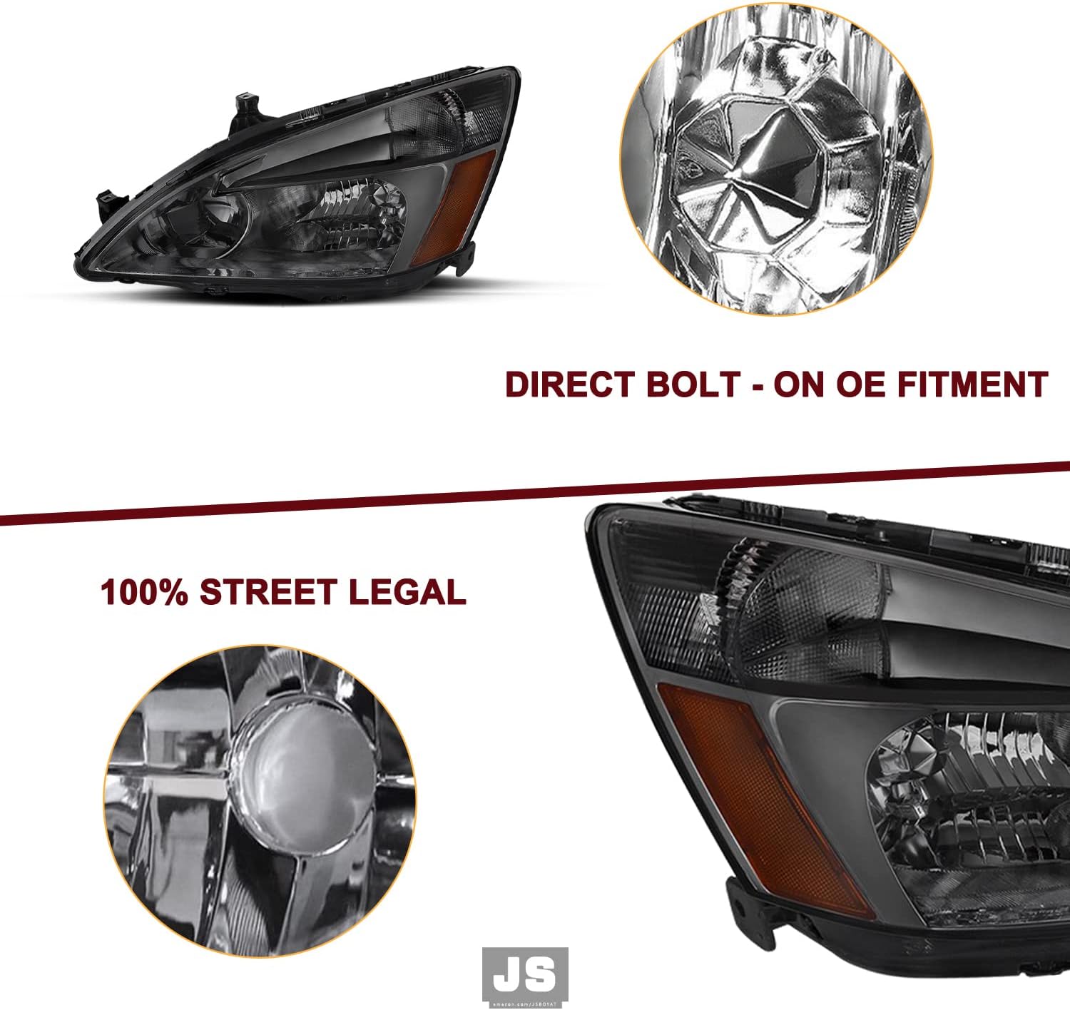 JSBOYAT Headlight Assembly Compatible with 2003 to 2007 Honda Accord Smoke Lens Amber Reflector