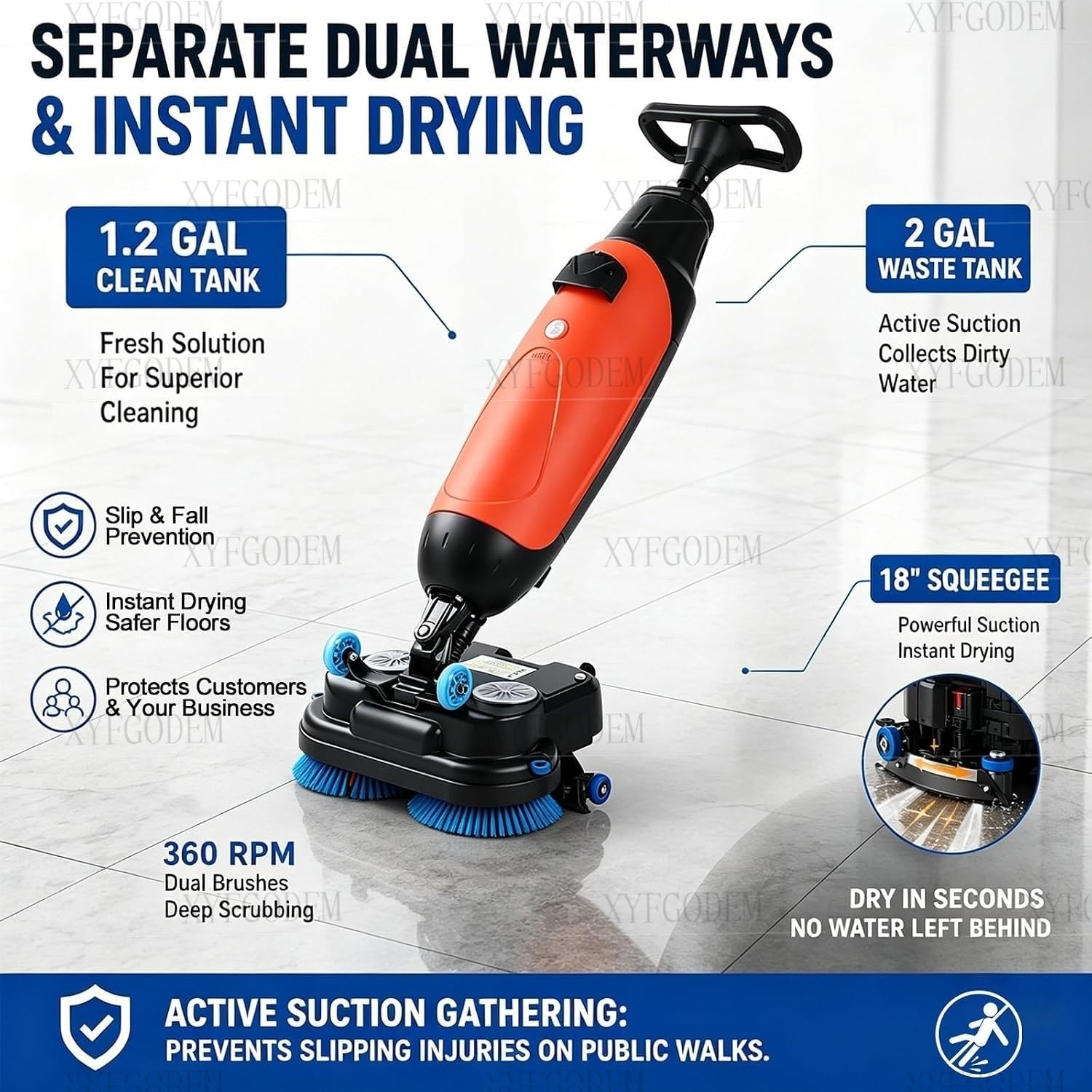 Máquina Lavadora de Pisos Profesional 17" - Fregadora Industrial con Doble Cepillo y Tanques Separados para Cemento Mármol, Ideal para Locales Comerciales (Rojo)
