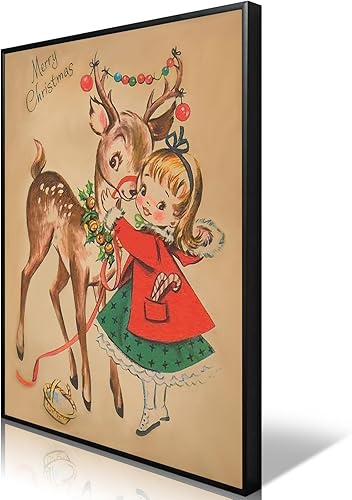 Huabsad Arte de pared vintage de Navidad, regalos retro para niños, niñas lindas abrazando ciervos, impresiones estéticas de imágenes rústicas de