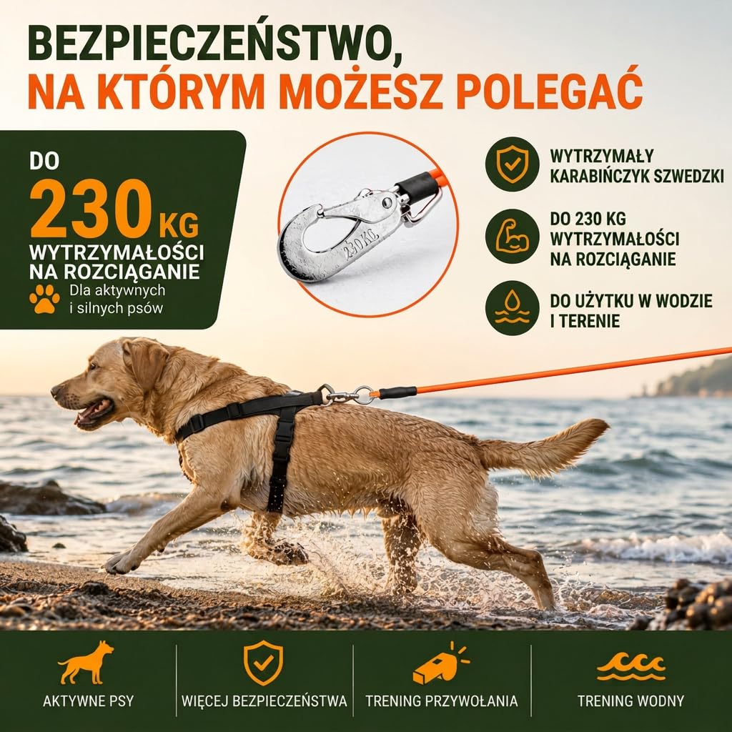 Pływająca smycz dla psów – wytrzymała smycz treningowa z paskiem na rękę i dobrze widocznym kolorem sygnałowym, trwała i elastyczna – idealna do treningu przywołania, gier wodnych i wolnego biegu (15