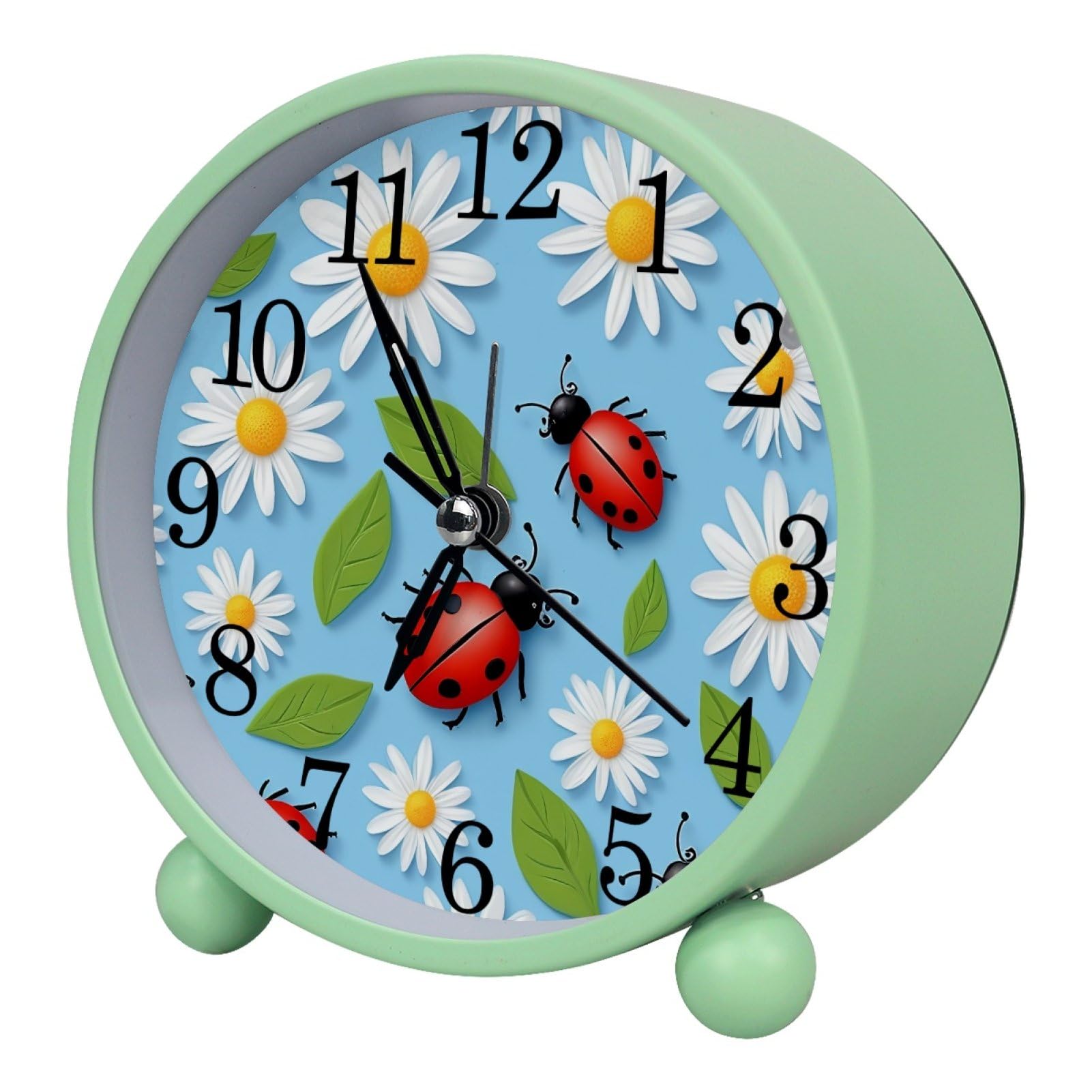 etoenbrc Daisy Florals and Ladybugs Round Battery Operated Bedside Alarm Clock Non-Ticking Desktop Silent Analog Alarm Clock with Light