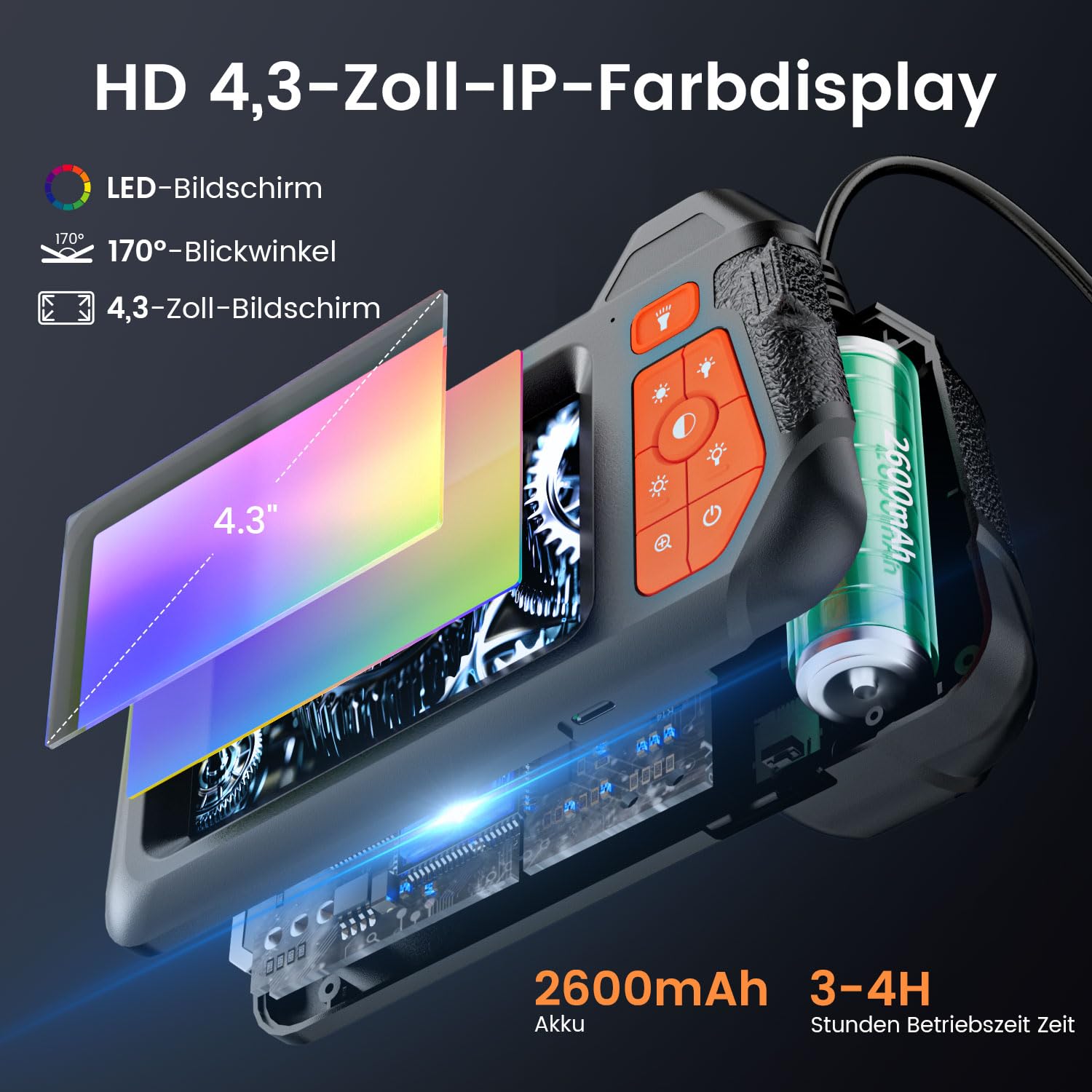 HSSNS Kamera endoskopowa 5 m, warsztatowa kamera endoskopowa z ekranem IPS 4,3", 8 mm IP67, wodoszczelna kamera inspekcyjna, kamera endoskopowa 1080p HD, kamera rurowa, kamera kanałowa, bateria 2600