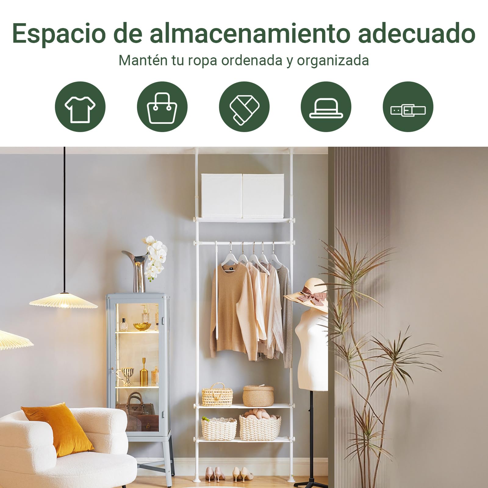 SoBuy Barra Telescópica Perchero Burro Ropa Resistente, Armario Abierto Ajustable con Barras y Estantes para Dormitorio y Vestidor, Blanco KLS07-W