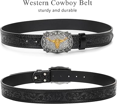 Cintura Cowboy In Pelle Con Fibbia Texas - Uomo/Donna, Design Floreale E Toro, Vita 69-104 Cm - Foto 4