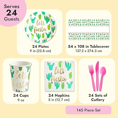 Miniatura 4 de Sparkle and Bash 145 piezas de suministros de fiesta de Let's Fiesta, platos de cactus, servilletas, vasos, cubiertos, mantel para cumpleaños,