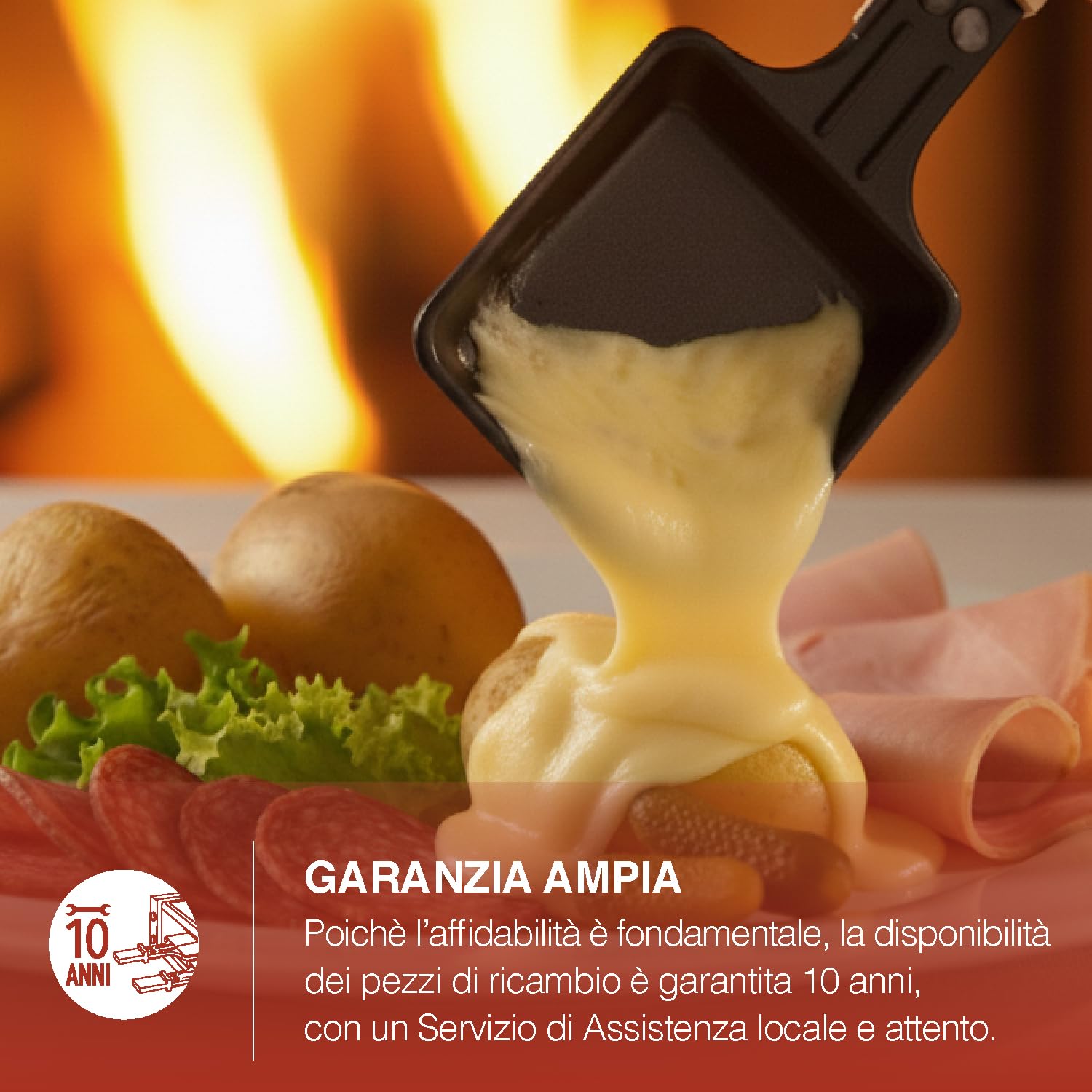 H.Koenig WOD362 Apparecchio per raclette per 8 persone, formaggio, fonduta, doppia piastra di cottura, granito, legno naturale, base girevole a 180°, piastre rimovibili, 8 padelle antiaderenti