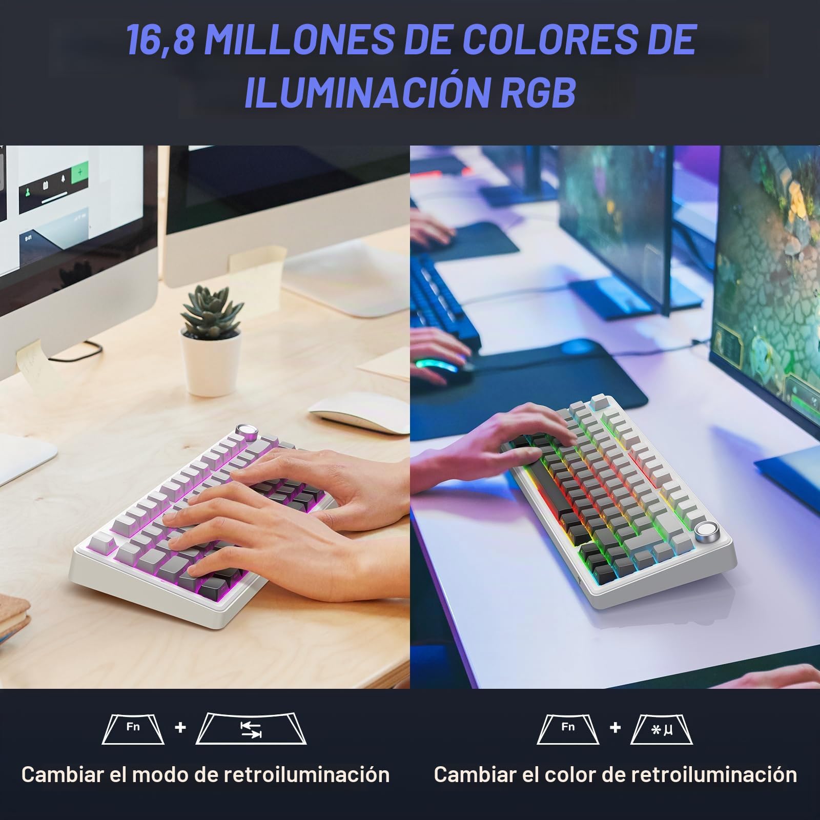 TECURS Teclado mecánico para juegos: 75% ISO-FR inalámbrico de intercambio en caliente, montaje en cesta, RGB, MK209 teclado para juegos AZERTY con knob, teclado tri-modo TKL, teclas PBT, sonido