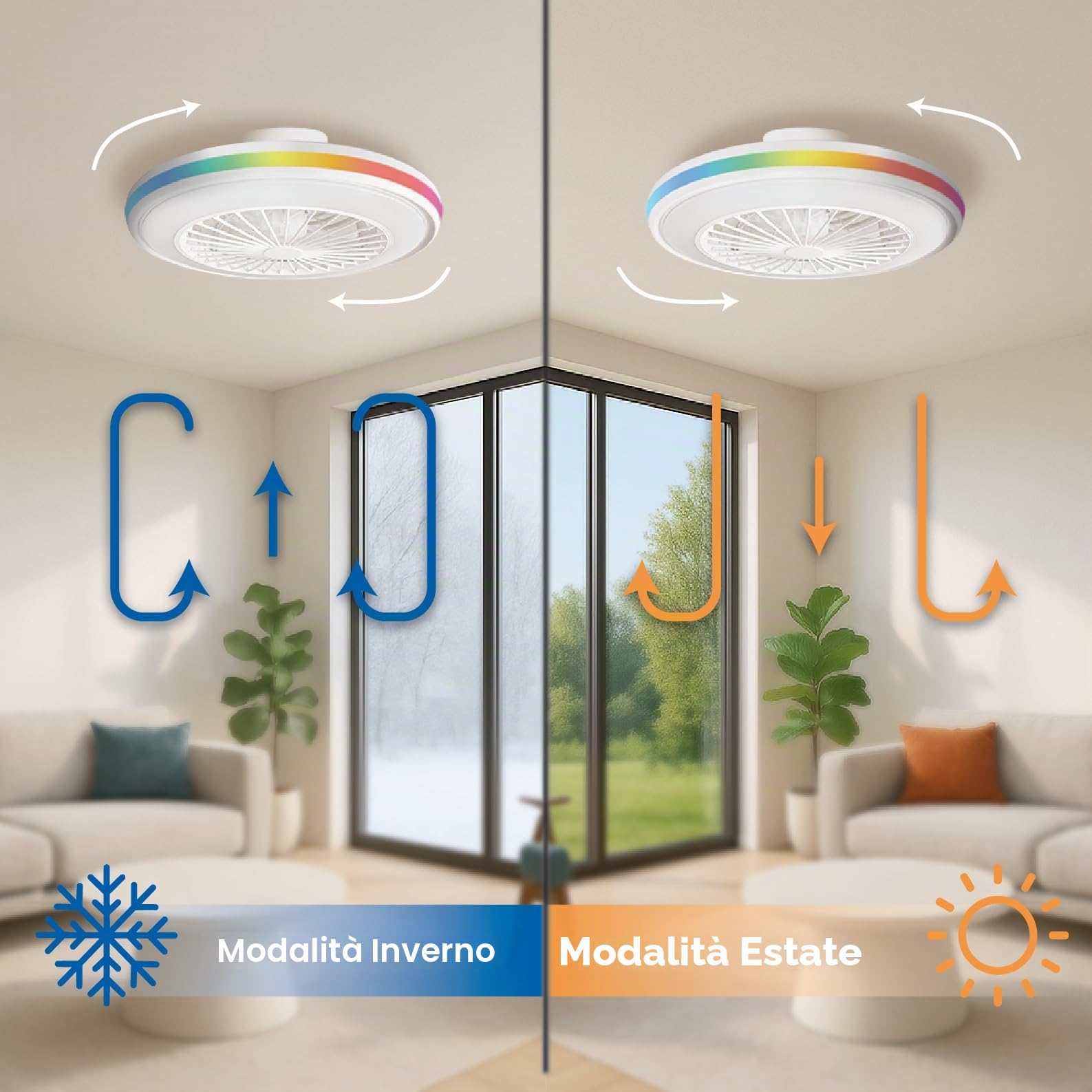 LED ATOMANT Ventilatore Soffitto Luce LED Diam 50cm 63W CCT e RGB Dimmer | 5000 lumen, Telecomando, Modalità estate/inverno, 6 velocità
