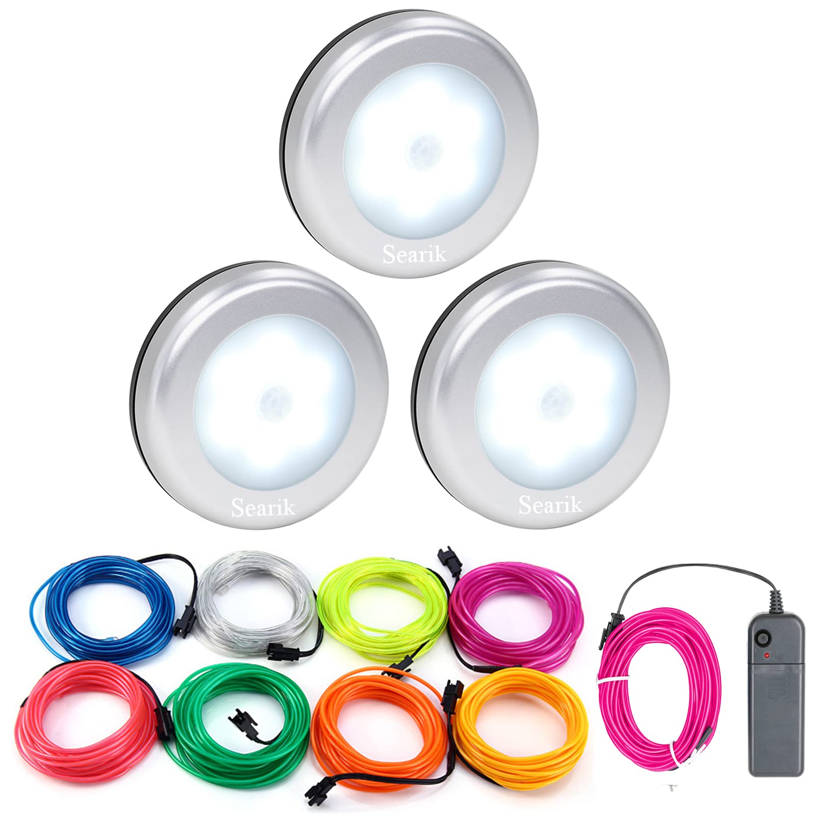 Motion Sensor LED Night Lights 3 Packs Step Lighting and EL Wire Rope Lights Glowing Light with Battery Controller for DIY Decorations