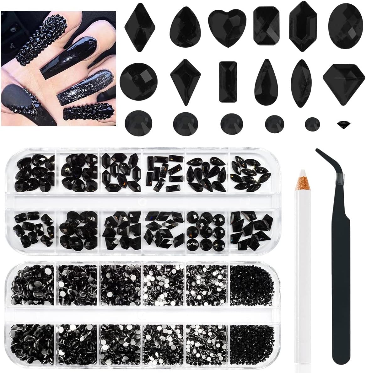 qiipii Black Nail Rhinestones Crystal Flatback Jet Black Rhinestones Round Beads Glass Gems Stones Nail Art Gems Diamonds jewels Multi Shapes Sizes Nail Charms for Nail DIY Eyes Makeup Crafts Clothes